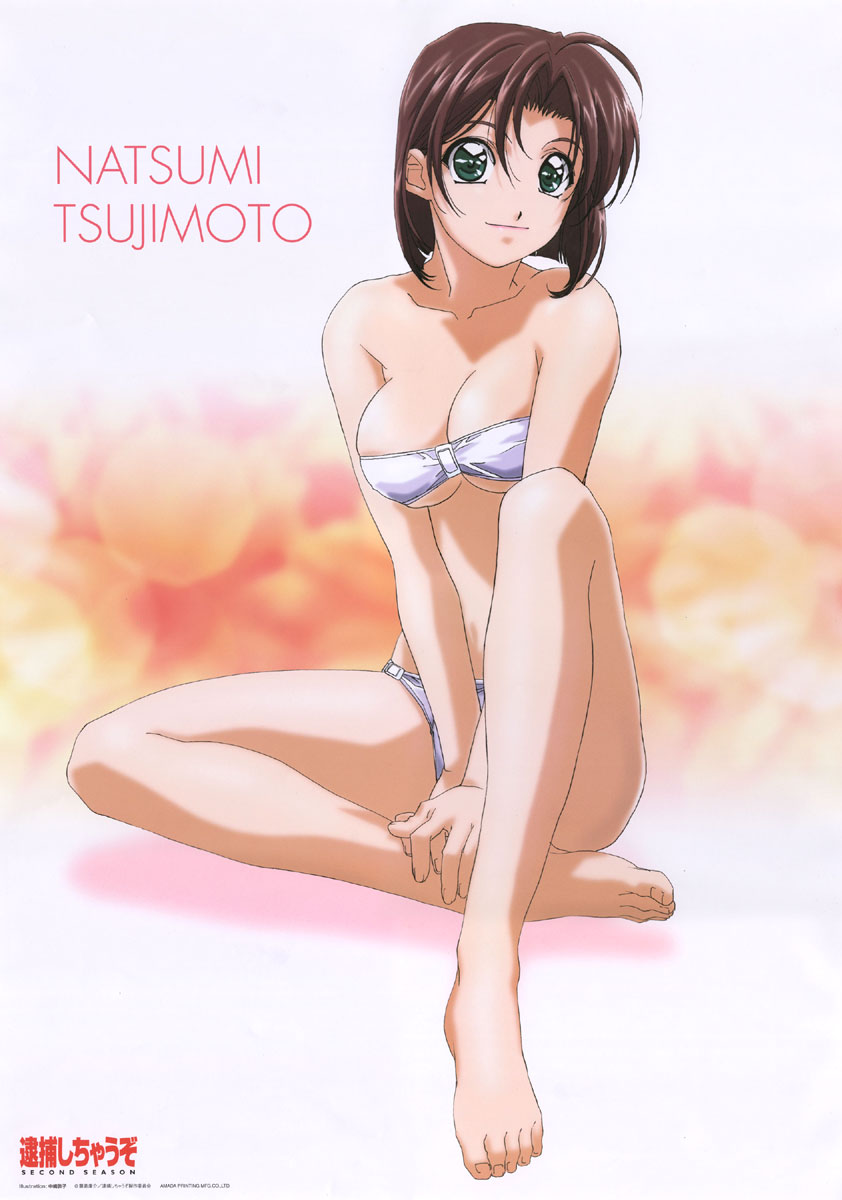 tsujimoto natsumi, taiho shichauzo, highres, tagme, 1girl, ahoge, bare shoulders, barefoot, bikini, brown hair, female focus, green eyes, sitting, solo, swimsuit