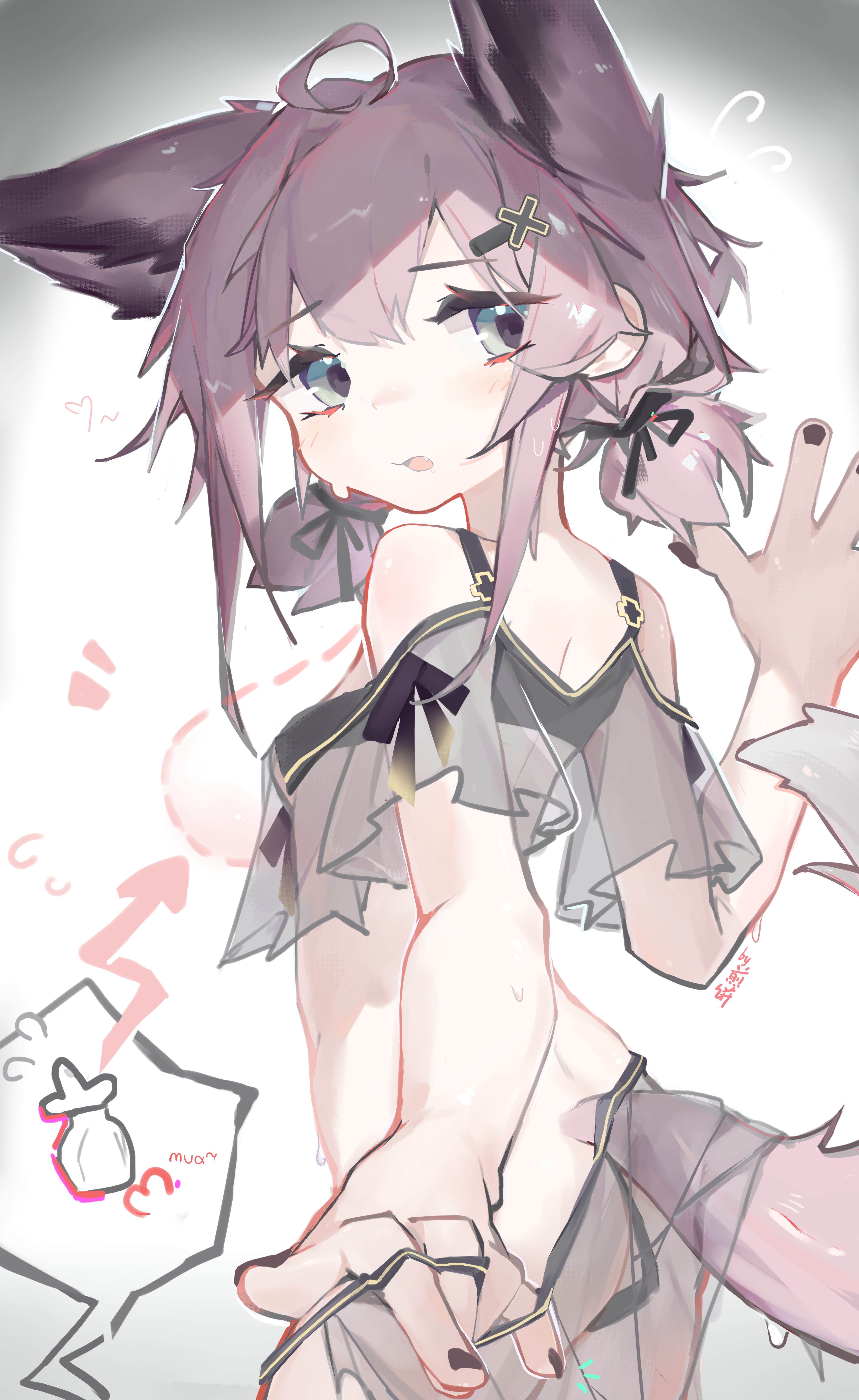 meiwei de jianbing, sussurro (arknights), arknights, absurdres, highres, barefoot, looking back, looking to the side, portrait, see-through clothes, shiny skin, simple background, solo, swimsuit, wet