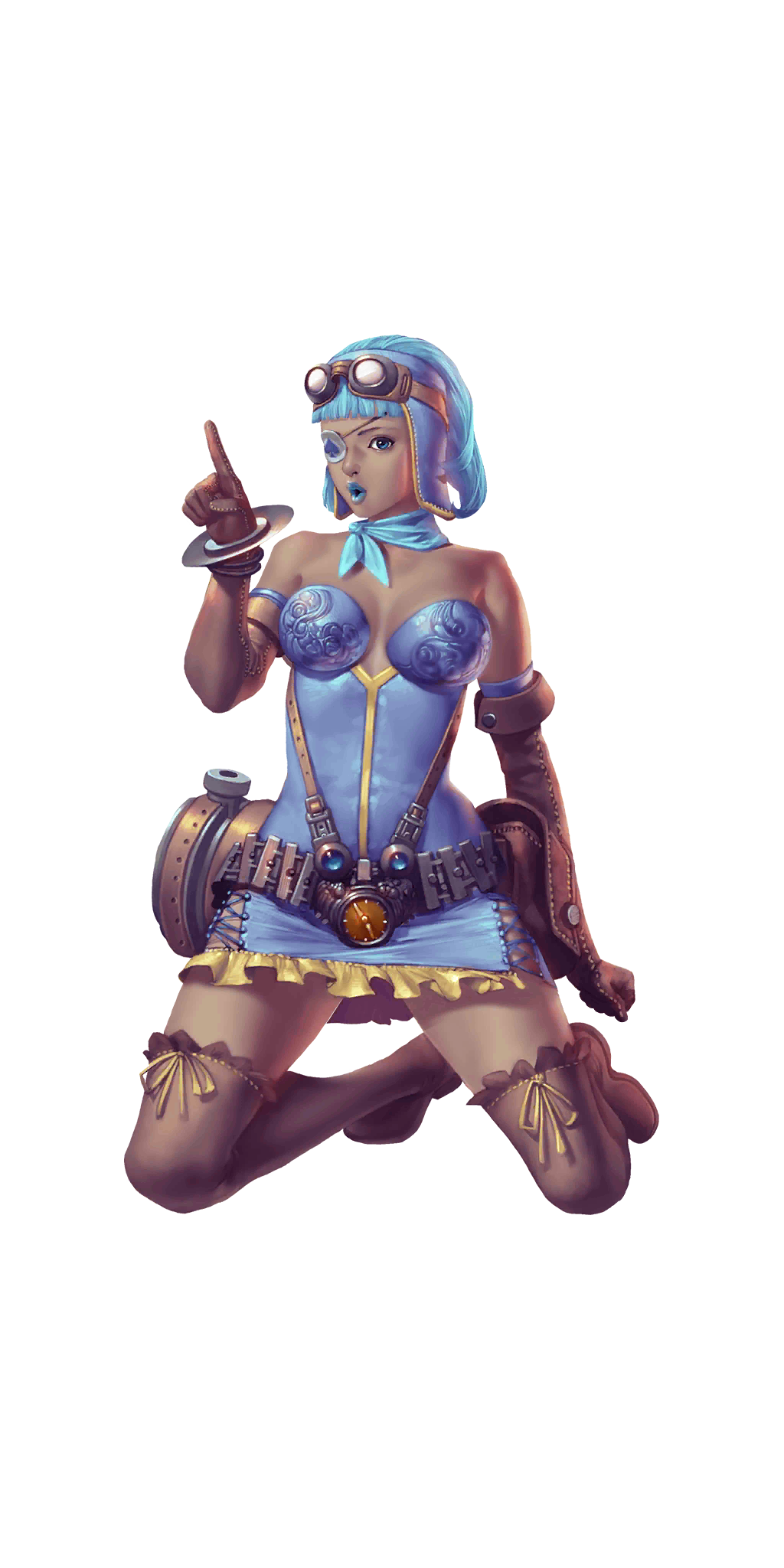 crystal maiden (series), artist request, game cg, highres, official art, variant set, 1girl, bare shoulders, belt, blue eyes, blue hair, blue lips, breasts, cleavage, dark skin, eyepatch, full body, gloves, goggles, goggles on head, kneeling, lapis (crystal maidens), pointing, pointing up, shoes, short hair, solo, spade (shape), transparent background, watch