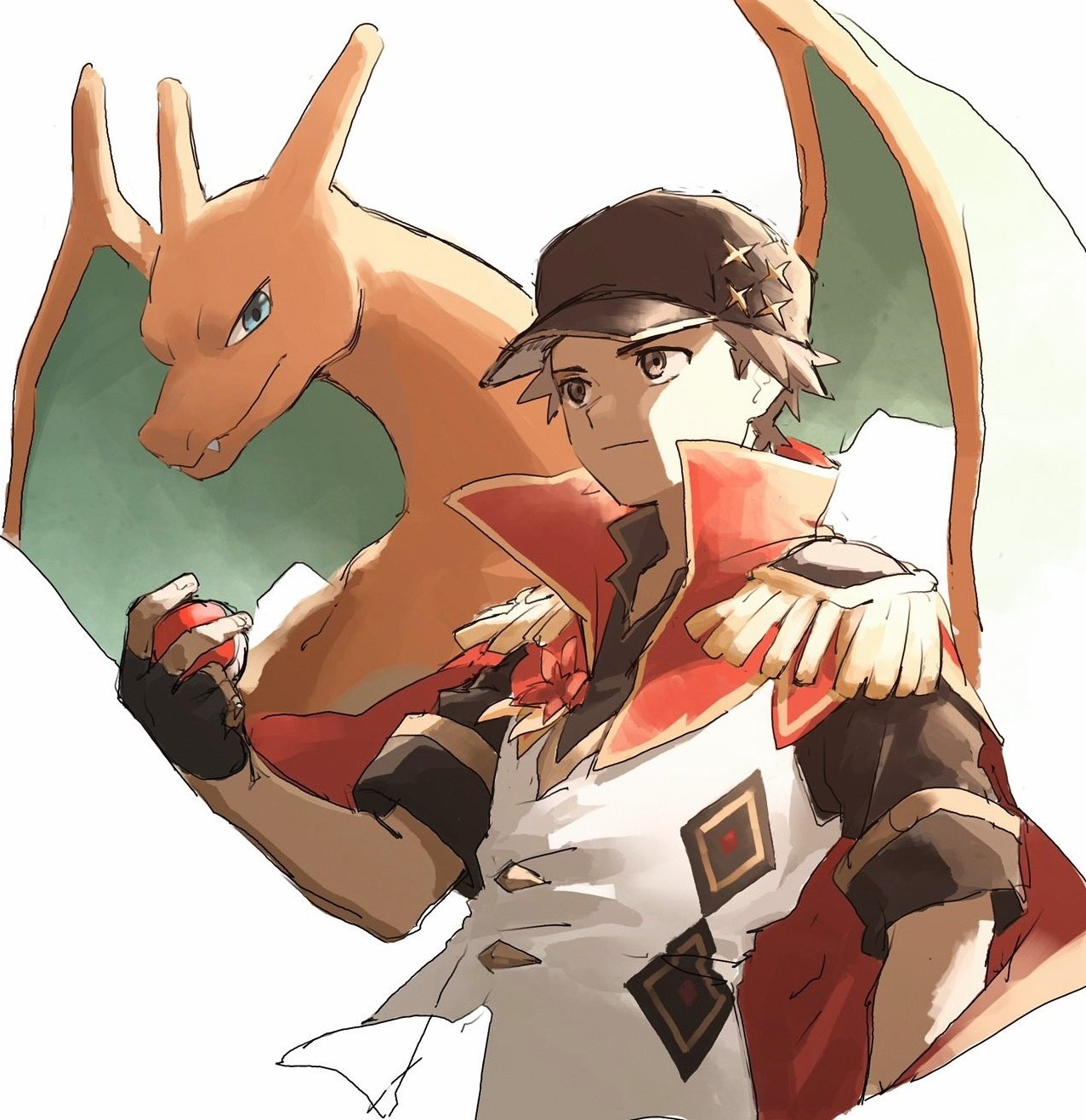charizard, red (pokemon), nintendo, pokemon, pokemon masters ex, highres, 1boy, black gloves, black hat, black shirt, blue eyes, brown eyes, brown hair, cape, closed mouth, epaulettes, fangs, fingerless gloves, gen 1 pokemon, gloves, hat, holding, holding poke ball, medete4, official alternate costume, poke ball, poke ball (basic), pokemon (creature), popped collar, red (anniversary 2025) (pokemon), red cape, shirt, short hair, short sleeves, simple background, smile, upper body, vest, white background, white vest, wings