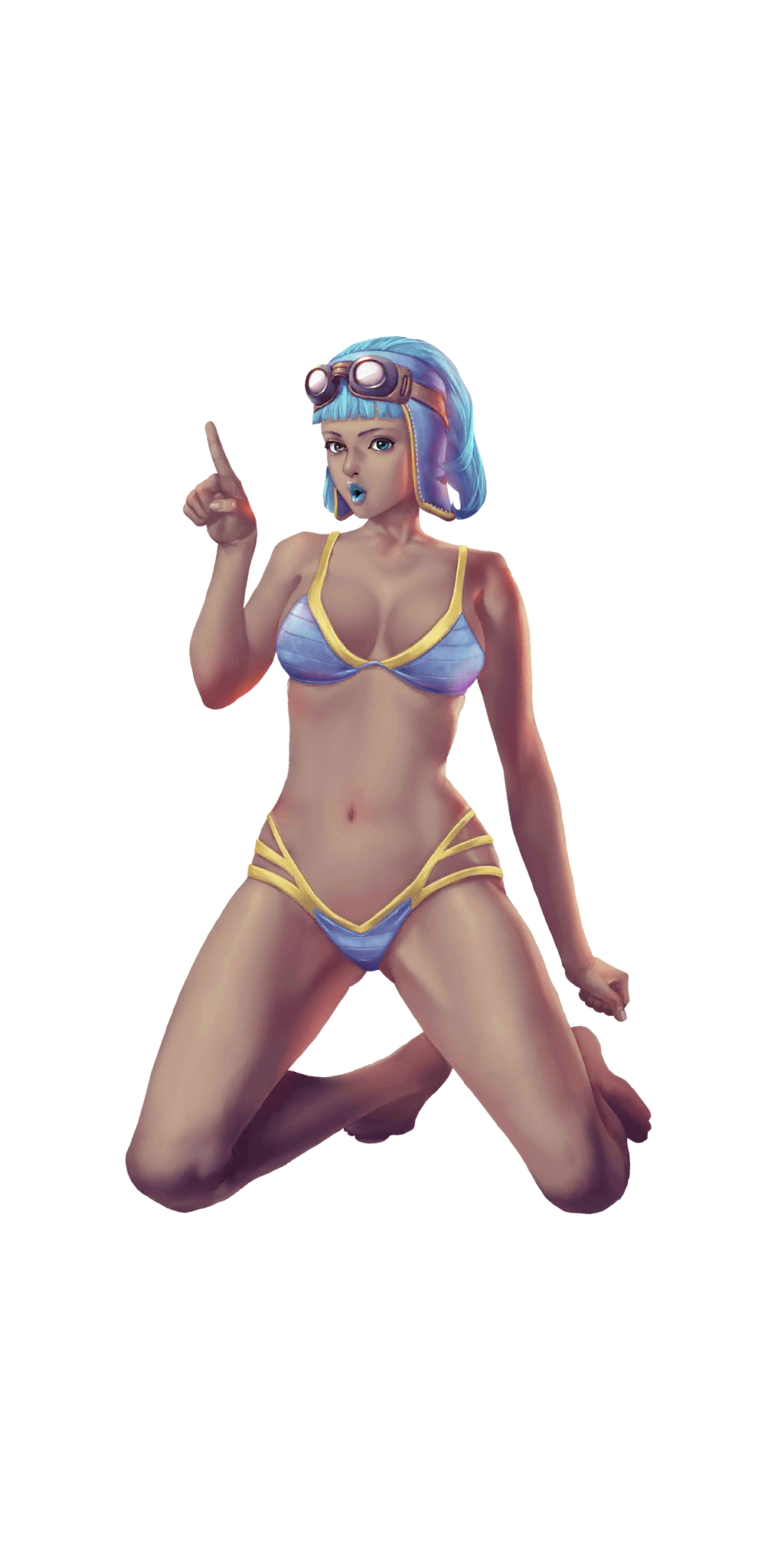 crystal maiden (series), artist request, game cg, highres, official art, variant set, 1girl, bare arms, bare legs, bare shoulders, blue bra, blue eyes, blue hair, blue lips, bra, breasts, brown eyes, cleavage, dark skin, full body, goggles, goggles on head, heterochromia, kneeling, lapis (crystal maidens), navel, panties, pointing, pointing up, short hair, solo, transparent background, underwear