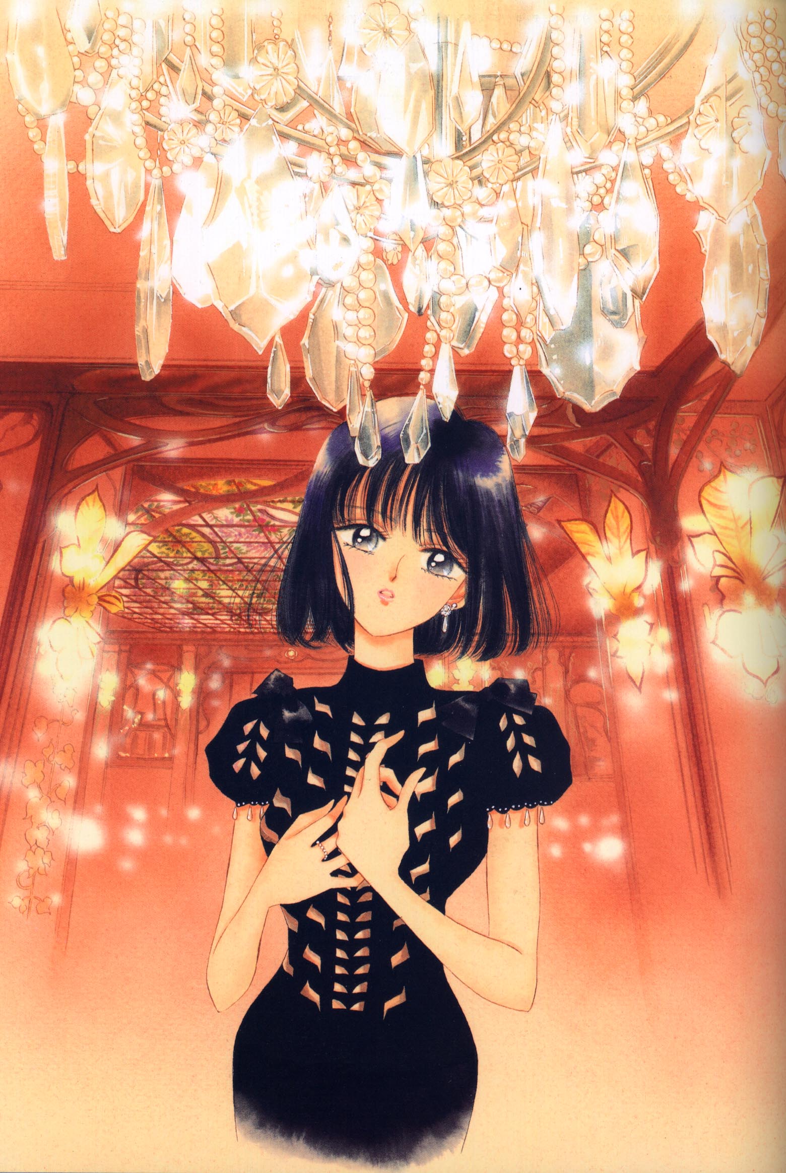 tomoe hotaru, bishoujo senshi sailor moon, highres, official art, 1990s (style), 1girl, black dress, breasts, chandelier, dress, earrings, female focus, hip focus, indoors, jewelry, large breasts, short hair, solo, wide hips