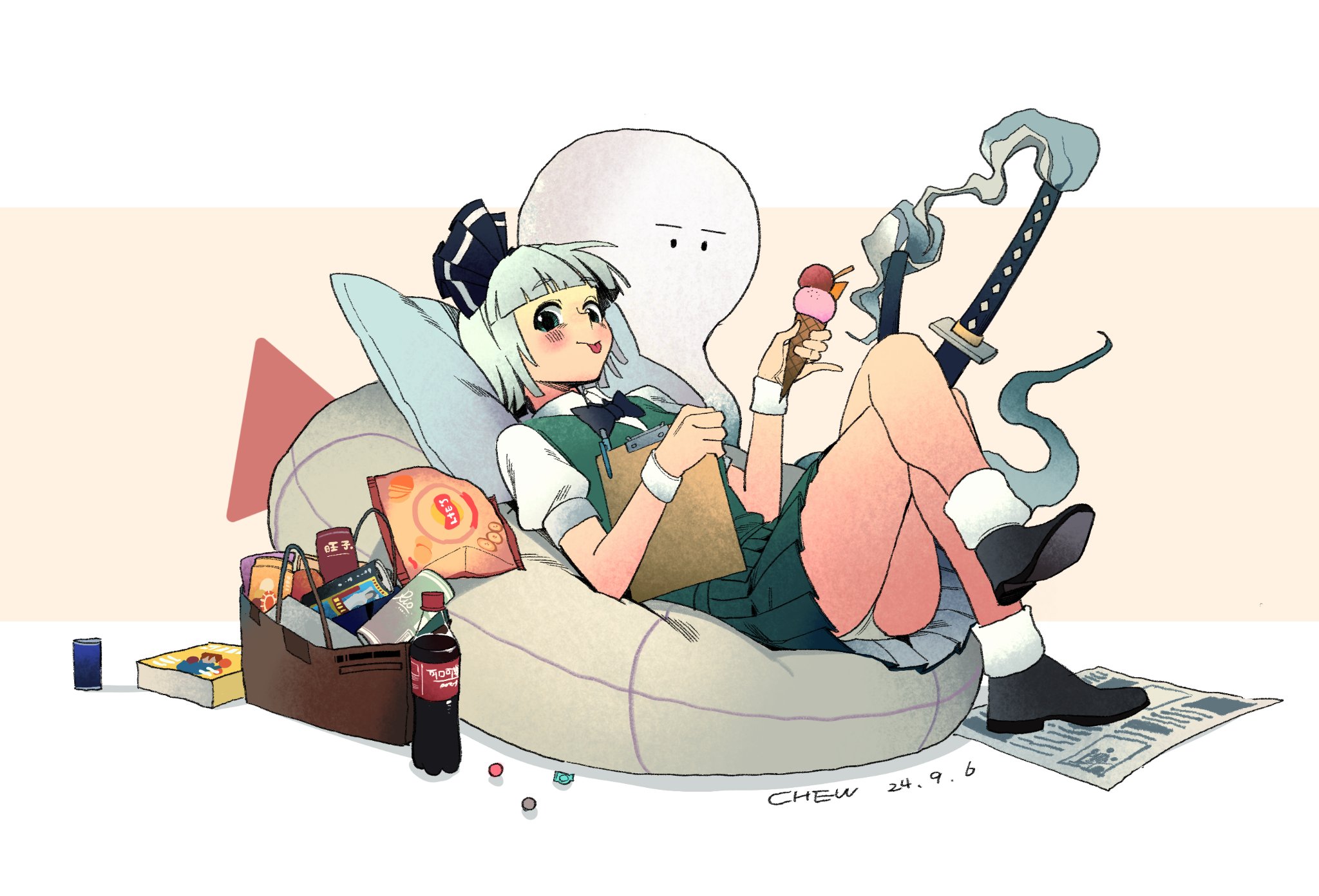 chenwei jun, konpaku youmu, konpaku youmu (ghost), touhou, chinese commentary, commentary request, highres, 1girl, aqua eyes, artist name, bag, bean bag chair, black bow, black bowtie, black shoes, blunt bangs, book, bow, bowtie, can, chips (food), cola, collared shirt, crossed legs, dated, drink can, food, green skirt, green vest, hair bow, handbag, head on pillow, holding, holding ice cream cone, ice cream cone, katana, light blush, looking at viewer, lying, newspaper, on back, panties, pillow, pleated skirt, puffy short sleeves, puffy sleeves, shirt, shoes, short hair, short sleeves, skirt, socks, soda bottle, sword, tongue, tongue out, underwear, vest, weapon, white hair, white panties, white shirt, white socks, white wrist cuffs, wrist cuffs