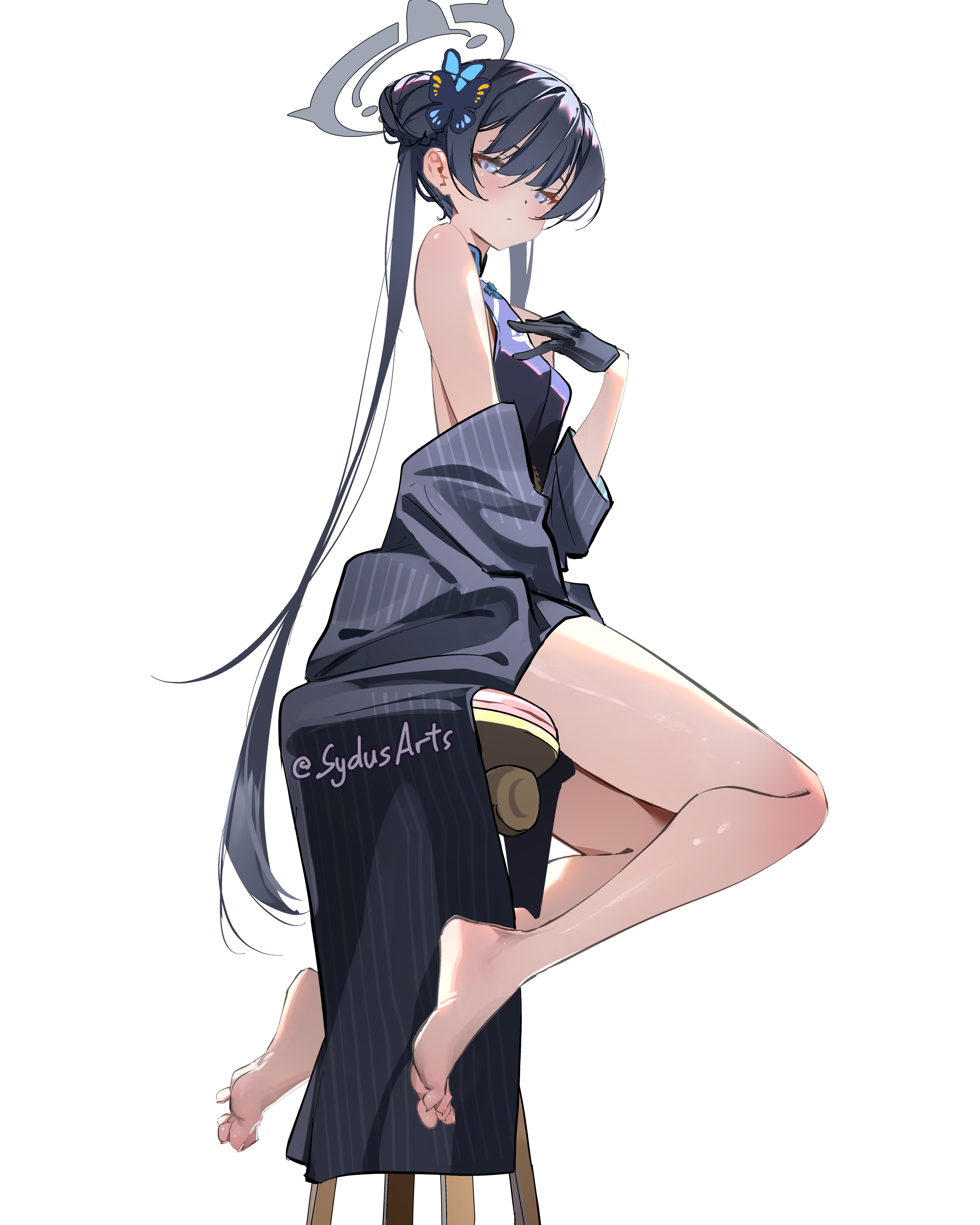 sydus, kisaki (blue archive), blue archive, absurdres, bilingual commentary, commentary, highres, mixed-language commentary, 1girl, artist name, bare arms, barefoot, black dress, black gloves, black hair, black jacket, chair, china dress, chinese clothes, double bun, dress, feet, full body, gloves, grey eyes, grey halo, hair bun, halo, jacket, legs, long hair, looking at viewer, off shoulder, on chair, side slit, simple background, sleeveless, solo, thighs, toes, twintails, twitter username, very long hair, white background