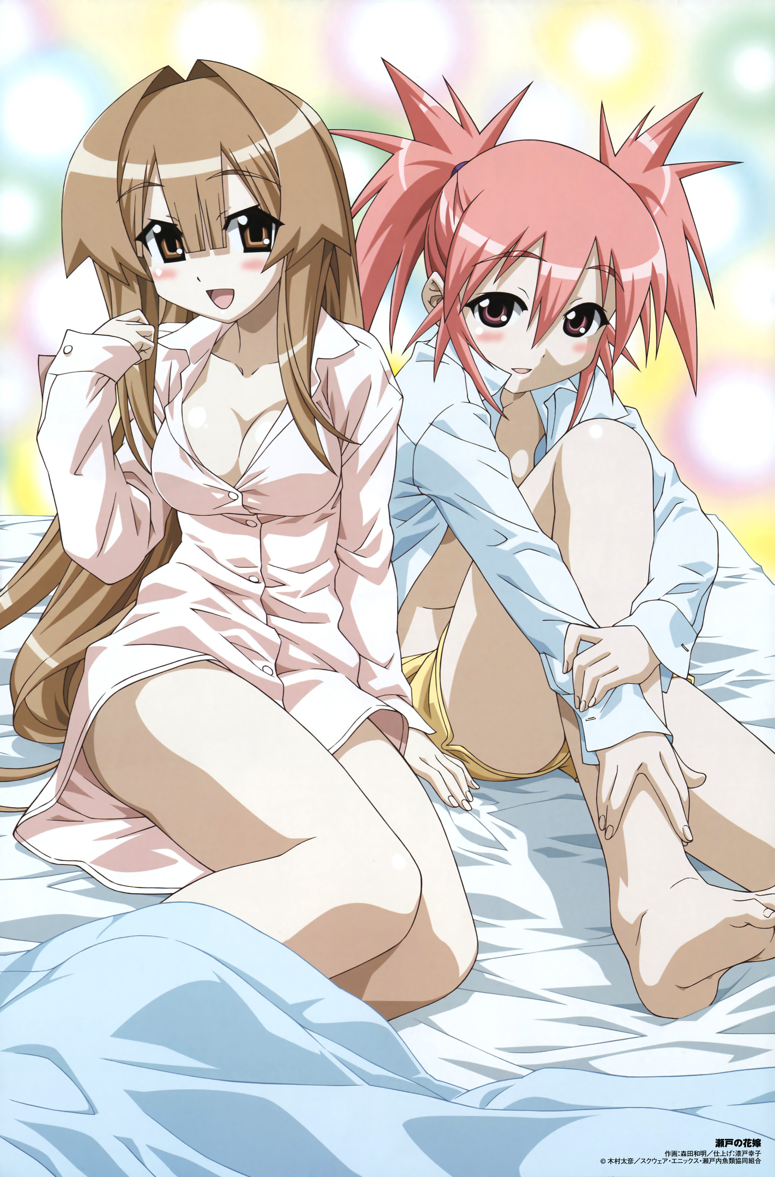 morita kazuaki, edomae lunar, seto sun, comp h's, seto no hanayome, absurdres, highres, official art, scan, 00s, 2girls, barefoot, bed, blush, bottomless, bra, breasts, brown eyes, brown hair, cleavage, feet, hugging own legs, large breasts, lingerie, long hair, multiple girls, nightshirt, no bra, open clothes, open shirt, open skirt, pink eyes, pink hair, purple hair, red eyes, shirt, shorts, sitting, skirt, soles, toes, twintails, underwear, white shirt