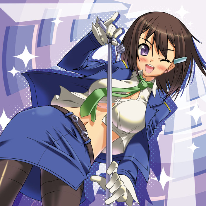 shinozuka atsuto, zenigata mawari, seto no hanayome, 00s, 1girl, blush, breasts, brown hair, dutch angle, female focus, gloves, hair ornament, hairclip, looking at viewer, microphone, microphone stand, midriff, miniskirt, necktie, one eye closed, pantyhose, police, police uniform, policewoman, purple eyes, short hair, skirt, smile, solo, unbuttoned, unbuttoned shirt, underboob, wink