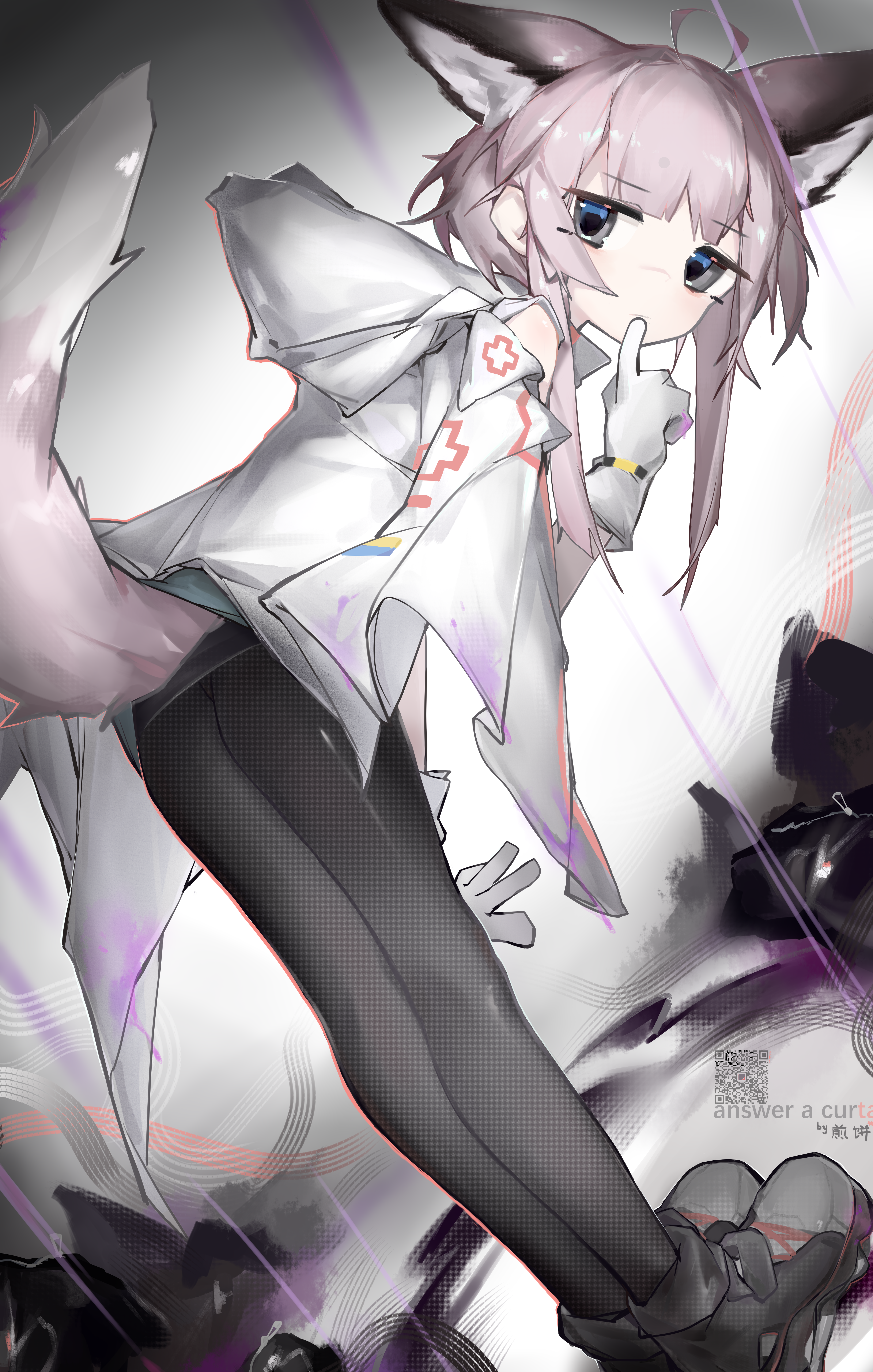 meiwei de jianbing, sussurro (arknights), arknights, absurdres, highres, black pantyhose, facing viewer, finger to mouth, from side, legs, looking at viewer, pantyhose, simple background, solo, thighs