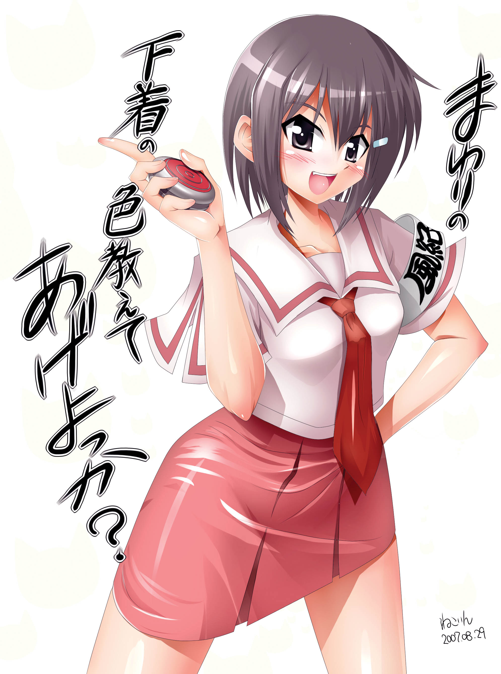 nekorin, zenigata mawari, seto no hanayome, sukeban deka, absurdres, highres, 00s, blush, brown eyes, brown hair, hair ornament, hairclip, necktie, open mouth, school uniform, serafuku, short hair, skirt, solo, very short hair