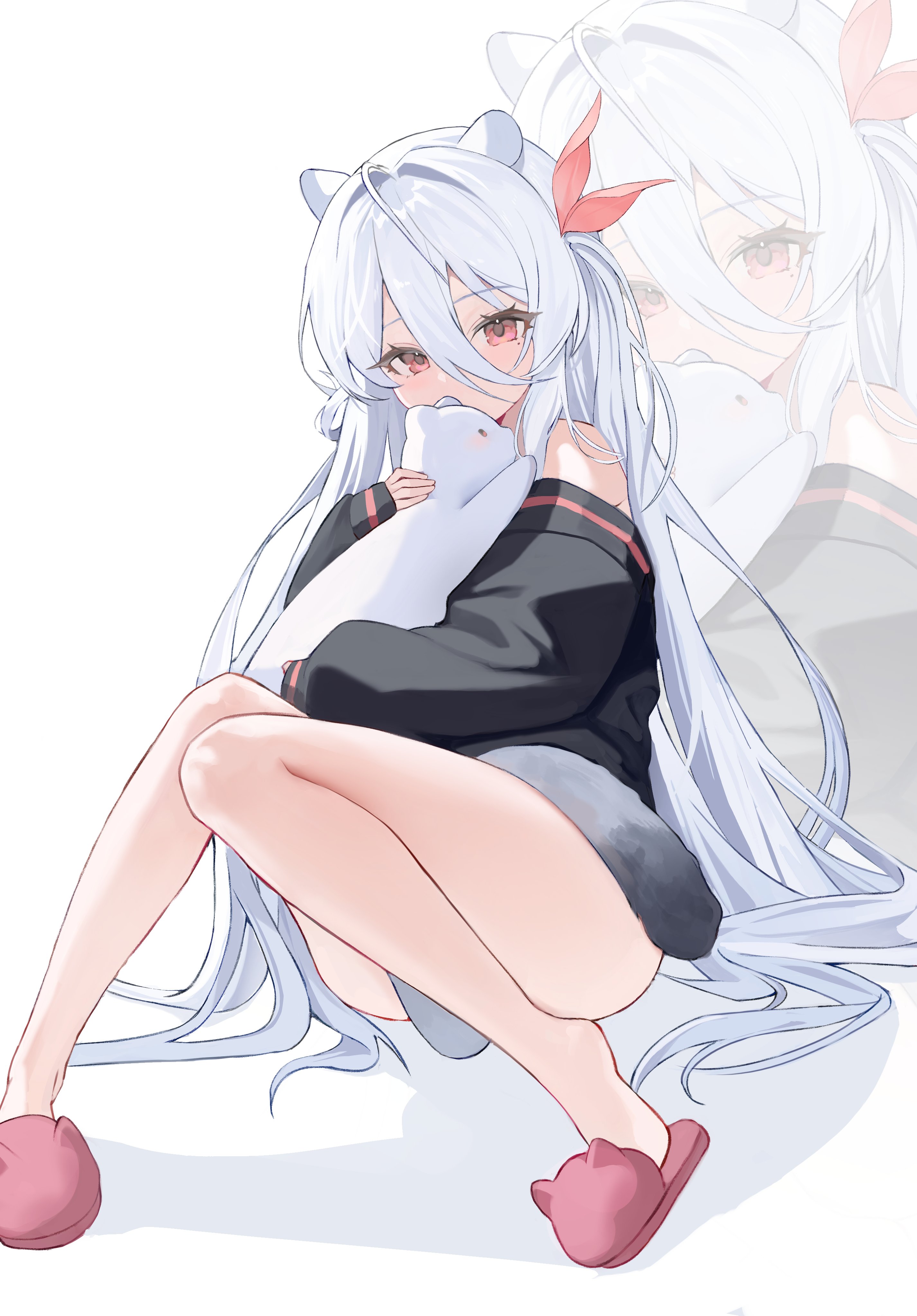 bomrung, original, absurdres, highres, 1girl, animal, animal ear footwear, animal ears, animal hug, bare legs, bare shoulders, black jacket, hug, jacket, long hair, long sleeves, off shoulder, red eyes, red slippers, simple background, slippers, solo, very long hair, white background, white hair, zoom layer