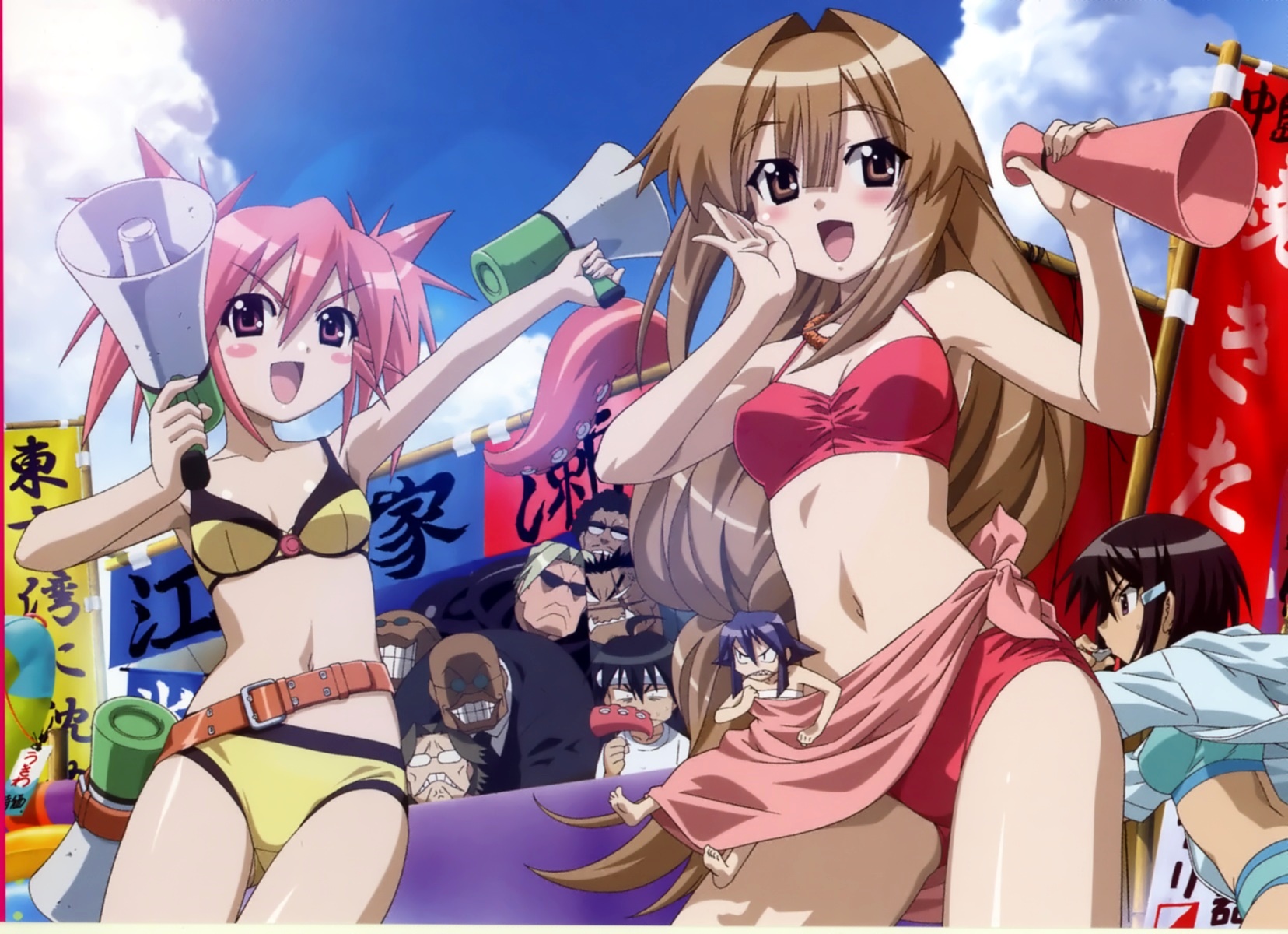 masa, edomae lunar, lunar no papa, maki (seto no hanayome), michishio nagasumi, seto gouzaburou, seto sun, zenigata mawari, seto no hanayome, highres, 00s, 4girls, 6+boys, belt, bikini, breasts, brown eyes, brown hair, cleavage, cloud, long hair, megaphone, multiple boys, multiple girls, outdoors, pink eyes, pink hair, short hair, sky, swimsuit, tentacles, very long hair, whistle