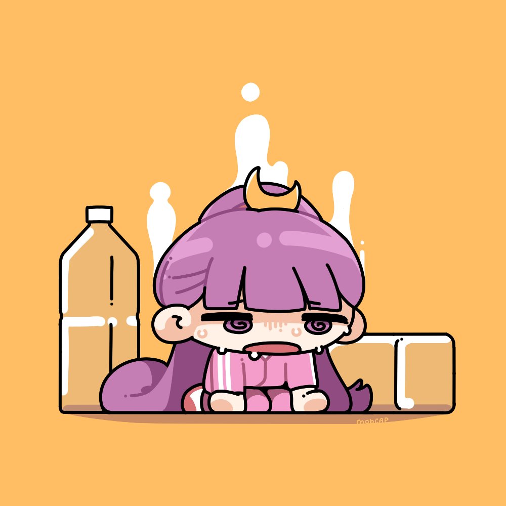 mobcap, patchouli knowledge, touhou, 1girl, @ @, all fours, bottle, chibi, crescent, crescent hair ornament, hair ornament, hat, long hair, orange background, purple eyes, purple hair, simple background, solo, sweat, track suit, water bottle