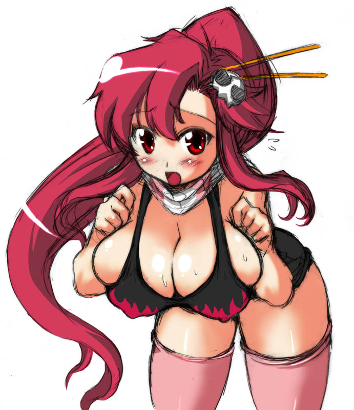 yoko littner, tengen toppa gurren lagann, 00s, bikini, bikini top only, blush, breasts, cleavage, huge breasts, large breasts, ponytail, red eyes, red hair, swimsuit, thighhighs