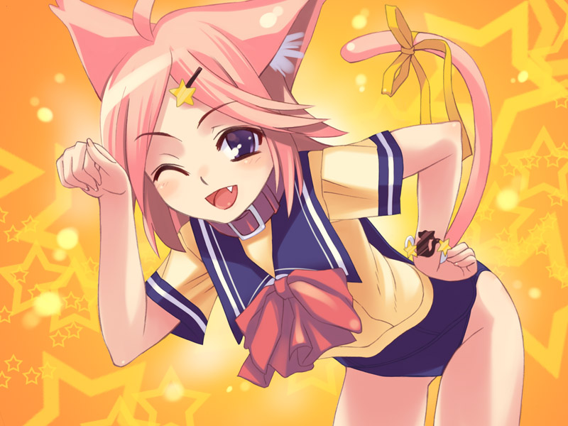 oryo (oryo04), original, animal ears, cat ears, cat tail, collar, fang, leash, no pants, one-piece swimsuit, one eye closed, orange background, paw pose, pink hair, purple eyes, school swimsuit, school uniform, serafuku, solo, star (symbol), star symbol background, swimsuit, swimsuit under clothes, tail, wink