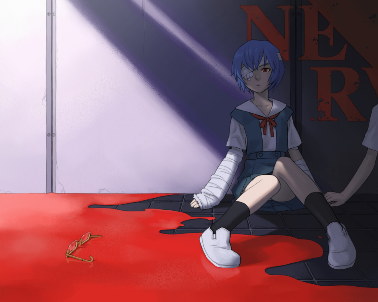 ayanami rei, ikari shinji, neon genesis evangelion, bandage over one eye, bandages, blood, blue hair, eyepatch, glasses, pale skin, panties, red eyes, school uniform, serafuku, short hair, solo, underwear