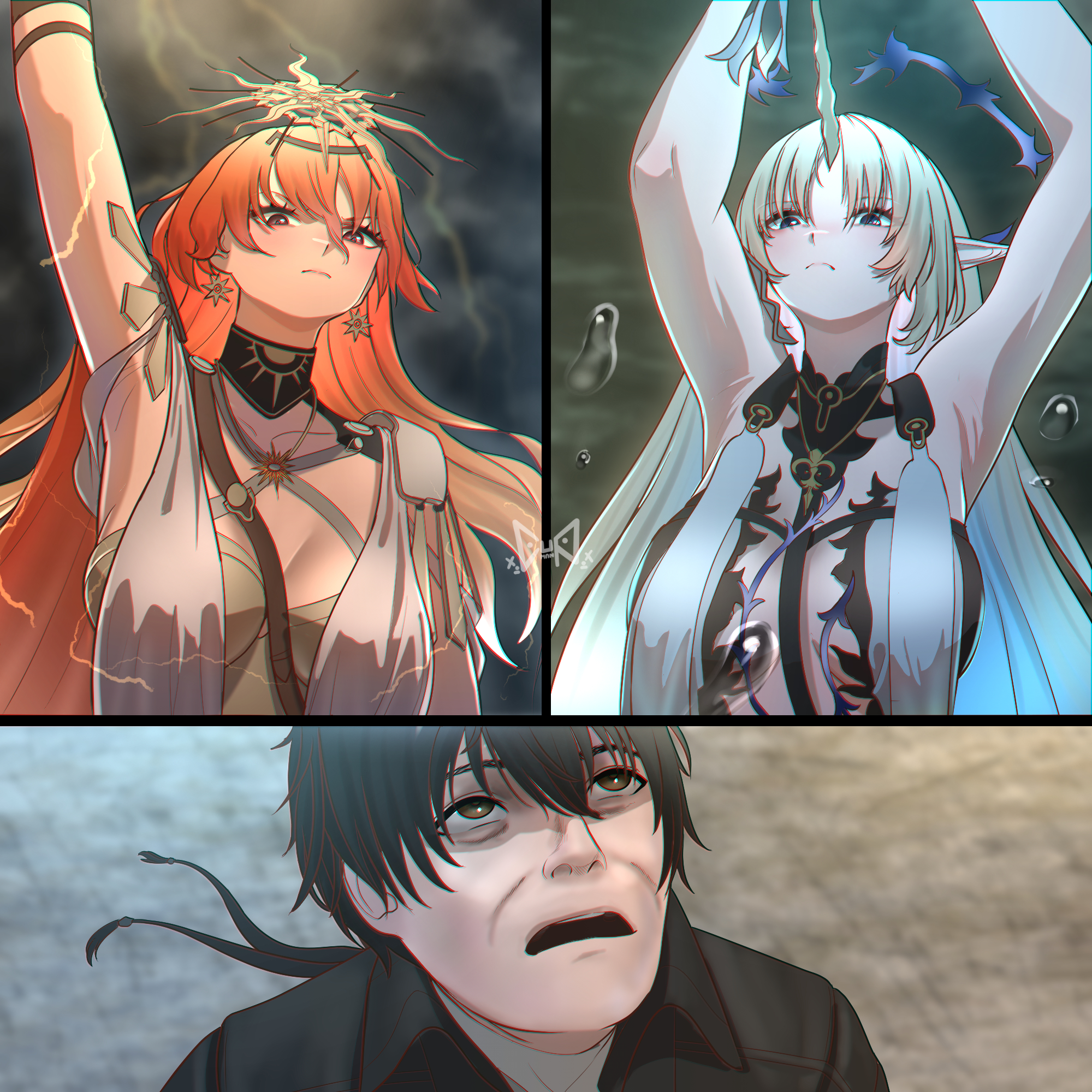 cupman, augusta (wuthering waves), fleurdelys (wuthering waves), male rover (wuthering waves), rover (wuthering waves), wuthering waves, commentary, english commentary, highres, 1boy, 2girls, arm up, armor, black collar, black hair, blonde hair, blue hair, breastplate, breasts, chromatic aberration, closed mouth, collar, colored inner hair, earrings, electricity, hair between eyes, headgear, horns, jewelry, large breasts, long hair, long horns, looking up, medium breasts, multicolored hair, multiple girls, orange hair, parted bangs, pointy ears, sidelocks, single horn, sun earrings, sun necklace, yellow horns