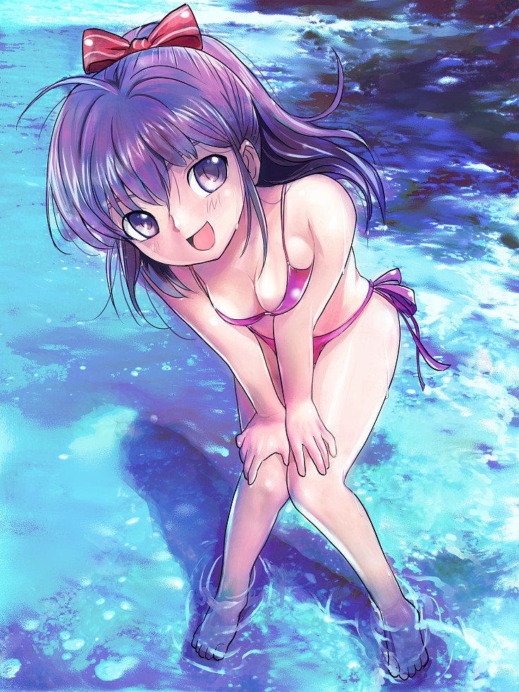 mekarauroko, original, 1girl, barefoot, bent over, bikini, day, female focus, knees together feet apart, leaning forward, legs, long hair, open mouth, ponytail, purple eyes, purple hair, side-tie bikini bottom, solo, submerged, swimsuit, wading, water, wet