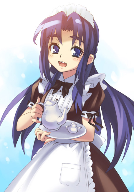 oryo (oryo04), asakura ryoko, suzumiya haruhi no yuuutsu, 00s, blue eyes, blue hair, maid, solo, tea, thick eyebrows