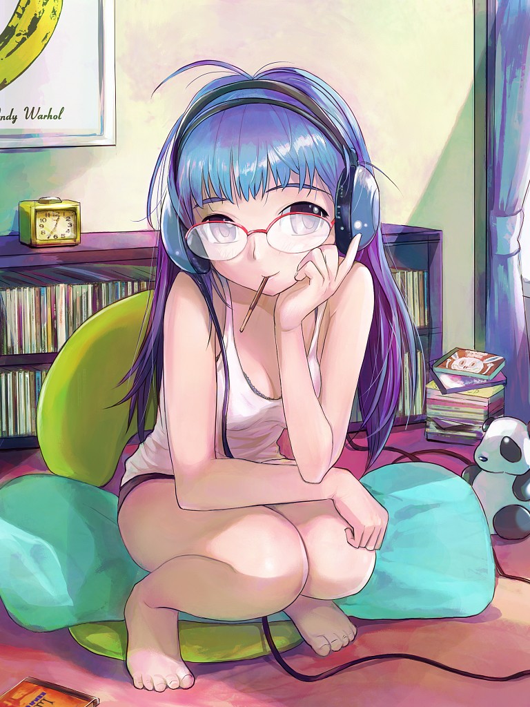 mekarauroko, andy warhol, original, velvet underground, 1girl, banana, barefoot, blue hair, brown eyes, camisole, cd, female focus, food, fruit, glasses, headphones, mouth hold, panda, pocky, purple hair, solo, squatting, stuffed animal, stuffed toy, teddy bear