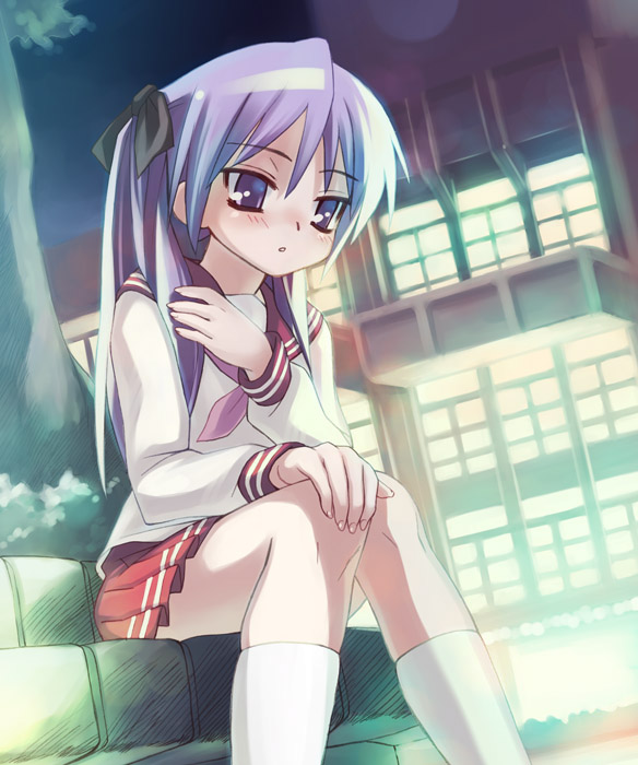 oryo (oryo04), hiiragi kagami, lucky star, 00s, purple hair, school uniform, serafuku, solo, tsurime, twintails