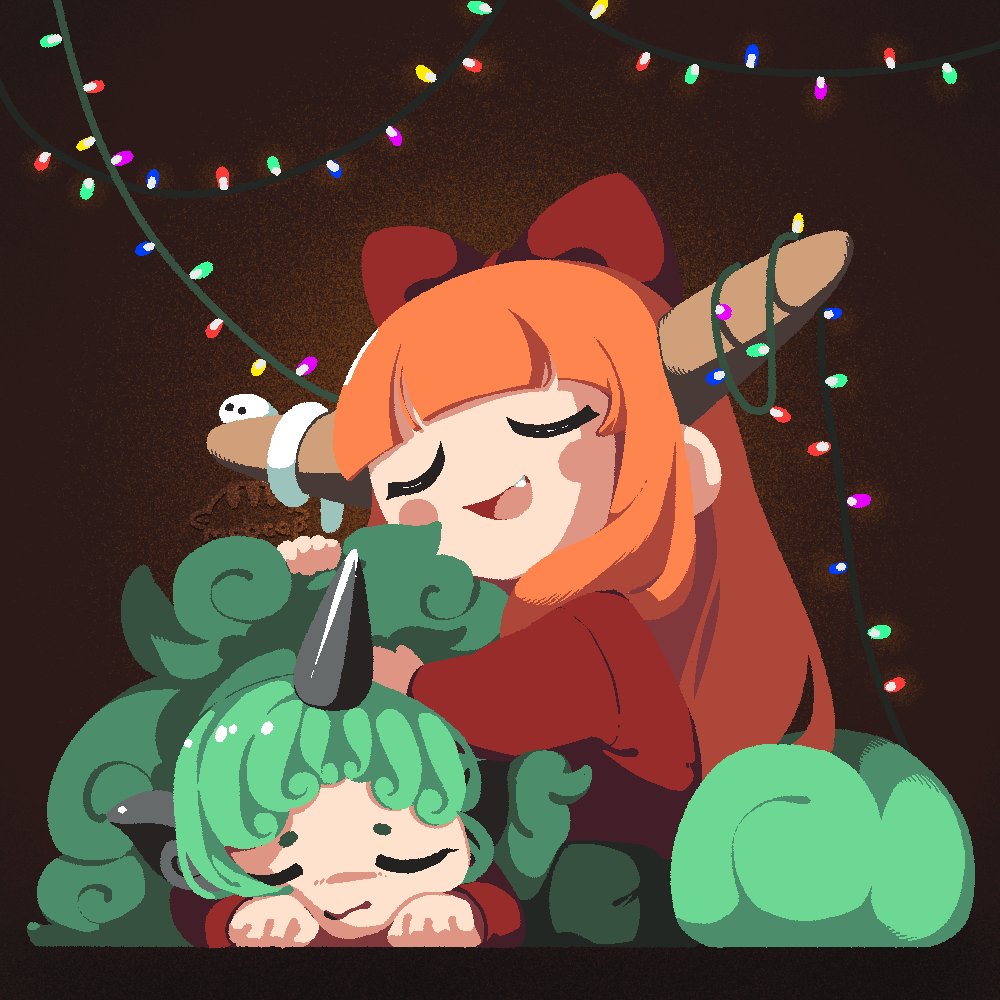 mobcap, ibuki suika, komano aunn, touhou, 2girls, black horns, bow, christmas lights, closed eyes, curly hair, fang, hair bow, horn ornament, horns, hug, long hair, long sleeves, multiple girls, oni, open mouth, orange hair, red bow, red shirt, shirt, single horn, sitting, sleeping, snake
