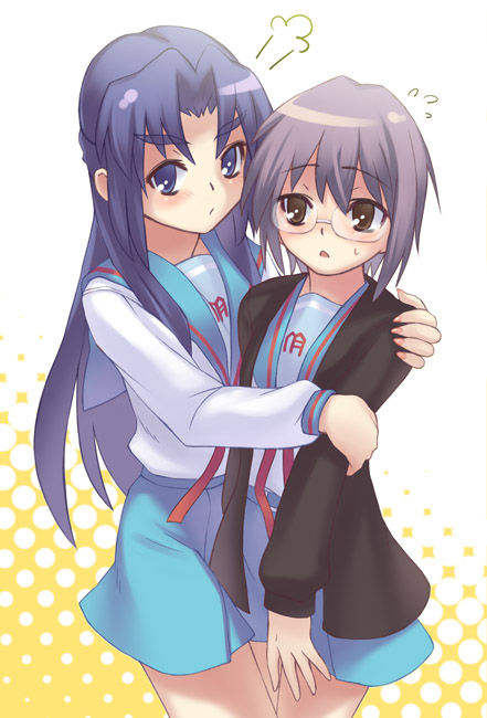 oryo (oryo04), asakura ryoko, nagato yuki, suzumiya haruhi no shoushitsu, suzumiya haruhi no yuuutsu, 00s, 10s, 2girls, cardigan, glasses, hug, multiple girls, school uniform, serafuku, yuri