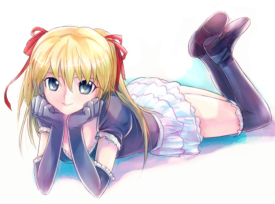 mekarauroko, souryuu asuka langley, neon genesis evangelion, blonde hair, blue eyes, elbow gloves, gloves, gothic lolita, lolita fashion, ribbon, solo, thighhighs, twintails, two side up, zettai ryouiki