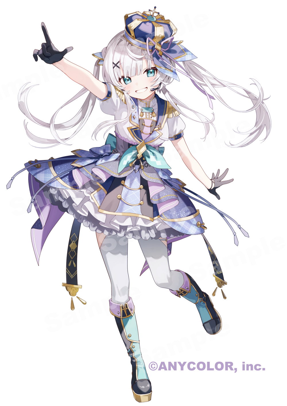 booota, ars almal, nijisanji, highres, official art, 1girl, black gloves, blue collar, blue eyes, boots, collar, crown, detached collar, epaulettes, frilled skirt, frills, gloves, hair ornament, headset, high-waist skirt, index finger raised, long hair, multicolored boots, multicolored skirt, shirt, short sleeves, skirt, smile, solo, thighhighs, twintails, virtual youtuber, white hair, white shirt, white thighhighs, x hair ornament