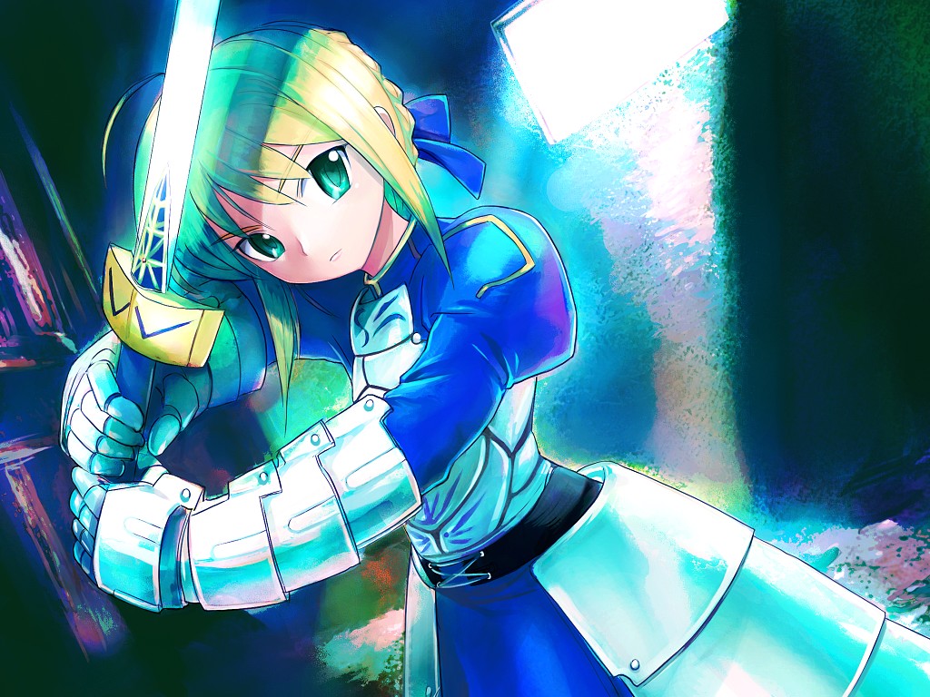 mekarauroko, artoria pendragon (fate), saber (fate), fate/stay night, fate (series), 00s, aqua eyes, armor, blonde hair, solo, sword, weapon