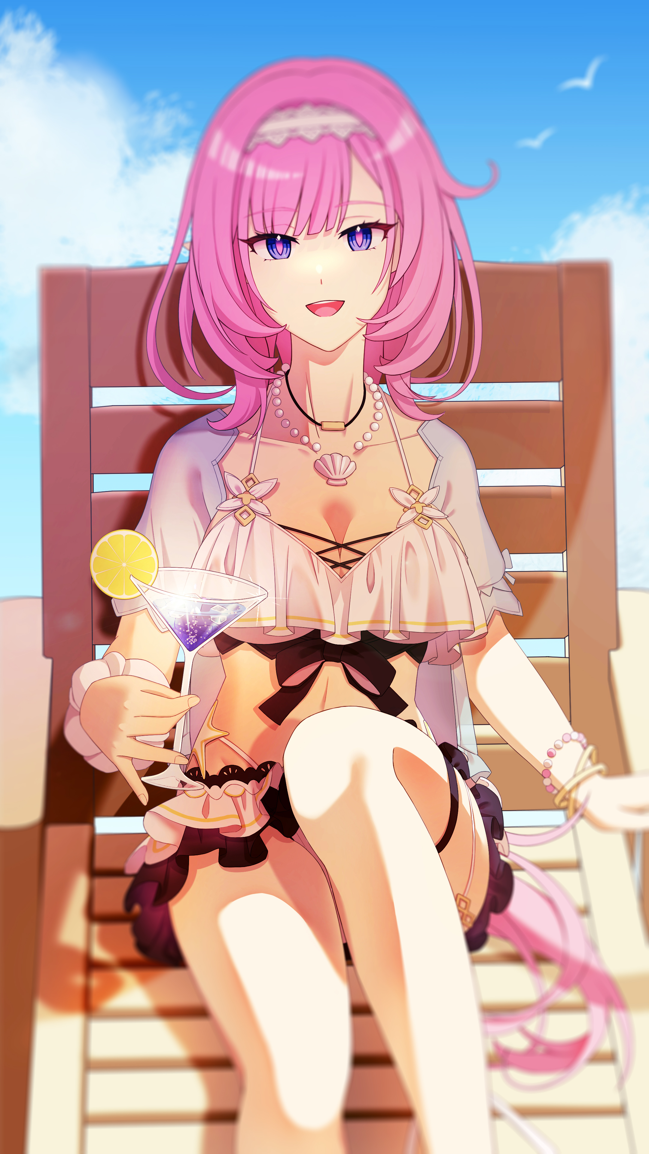 c10h12o2, elysia (honkai impact), elysia (miss pink elf) (honkai impact), elysia (summer miss elf) (honkai impact), honkai (series), honkai impact 3rd, absurdres, commentary request, highres, 1girl, beach, beach chair, bikini, blue eyes, blue sky, bracelet, breasts, cleavage, cup, food, fruit, hairband, holding, holding cup, jewelry, large breasts, lemon, lemon slice, long hair, looking at viewer, midriff, necklace, official alternate costume, pink hair, shell, shell necklace, sky, smile, solo, swimsuit, tropical drink, very long hair, white bikini, white hairband