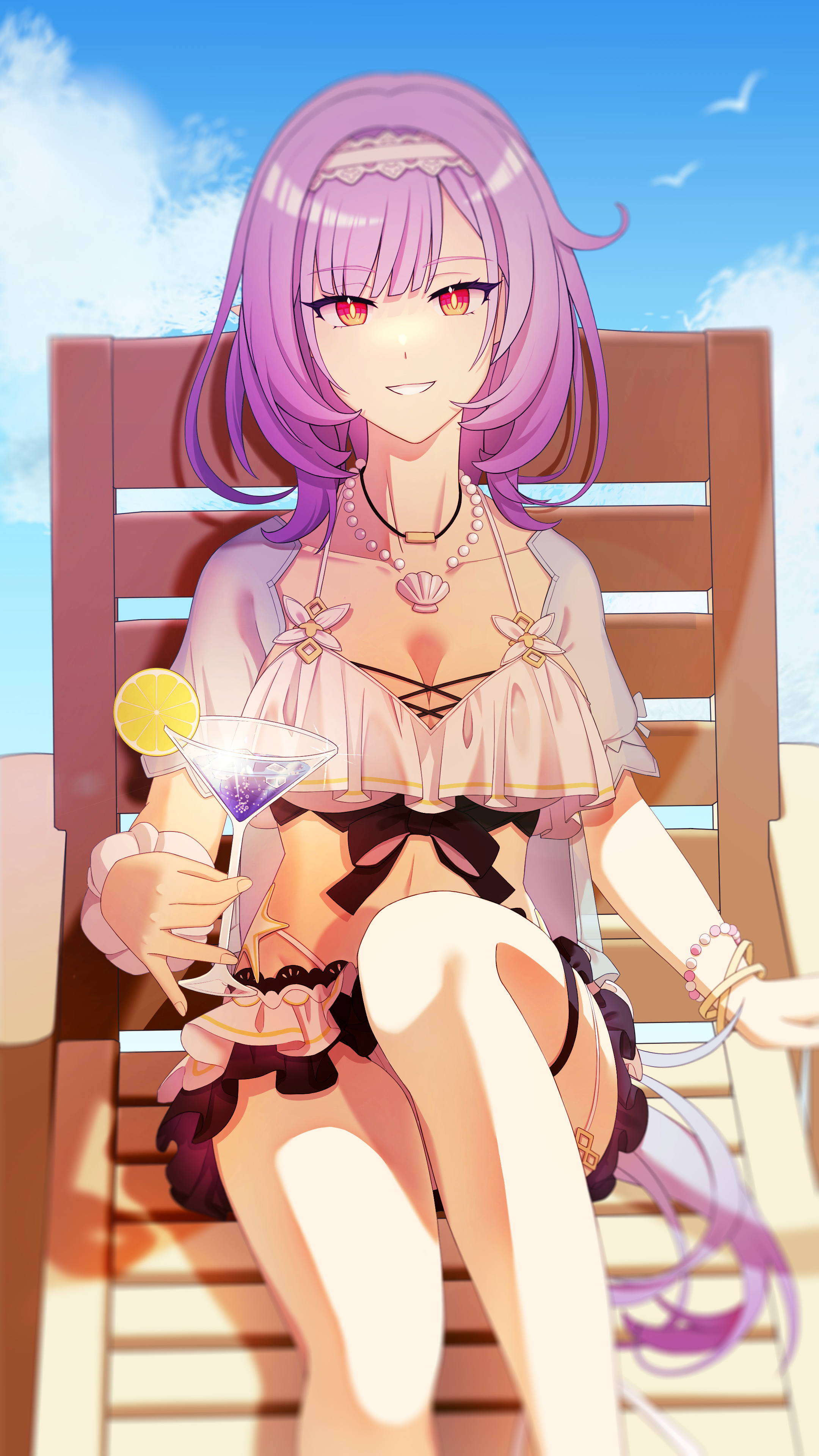 c10h12o2, elysia (honkai impact), elysia (miss pink elf) (honkai impact), elysia (summer miss elf) (honkai impact), herrscher of corruption, honkai (series), honkai impact 3rd, absurdres, commentary request, highres, 1girl, beach, beach chair, bikini, blue sky, bracelet, breasts, cleavage, cup, food, fruit, grin, hairband, holding, holding cup, jewelry, large breasts, lemon, lemon slice, long hair, looking at viewer, midriff, necklace, official alternate costume, purple hair, red eyes, shell, shell necklace, sky, smile, solo, swimsuit, tropical drink, very long hair, white bikini, white hairband