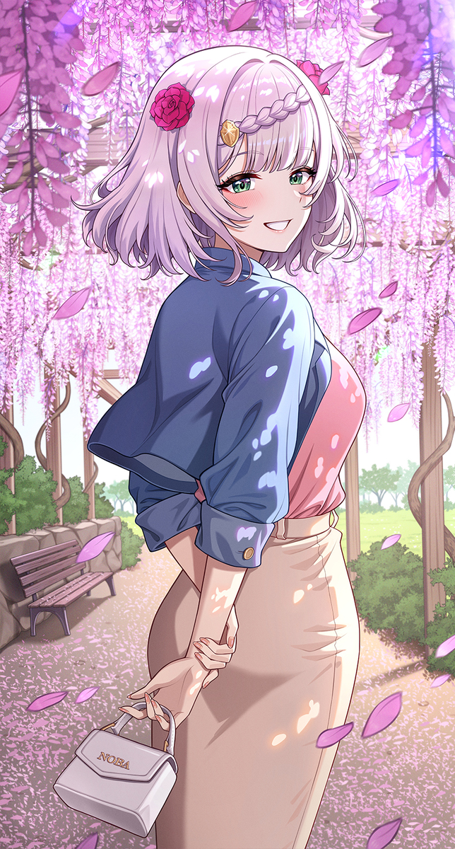 no-ba, noelle (genshin impact), genshin impact, commentary request, highres, 1girl, arms behind back, artist name, bag, bench, blue jacket, day, falling petals, flower, from behind, green eyes, grey hair, grin, hair flower, hair ornament, handbag, holding, holding bag, jacket, looking at viewer, medium hair, open clothes, open jacket, outdoors, petals, pink shirt, red flower, shirt, smile, solo, white bag