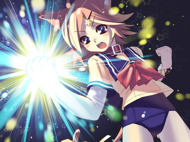 oryo (oryo04), original, 1girl, angry, animal ears, brown hair, cat ears, cat tail, clenched hands, collar, female focus, hair ornament, hairclip, no pants, one-piece swimsuit, school swimsuit, school uniform, serafuku, solo, swimsuit, swimsuit under clothes, tail