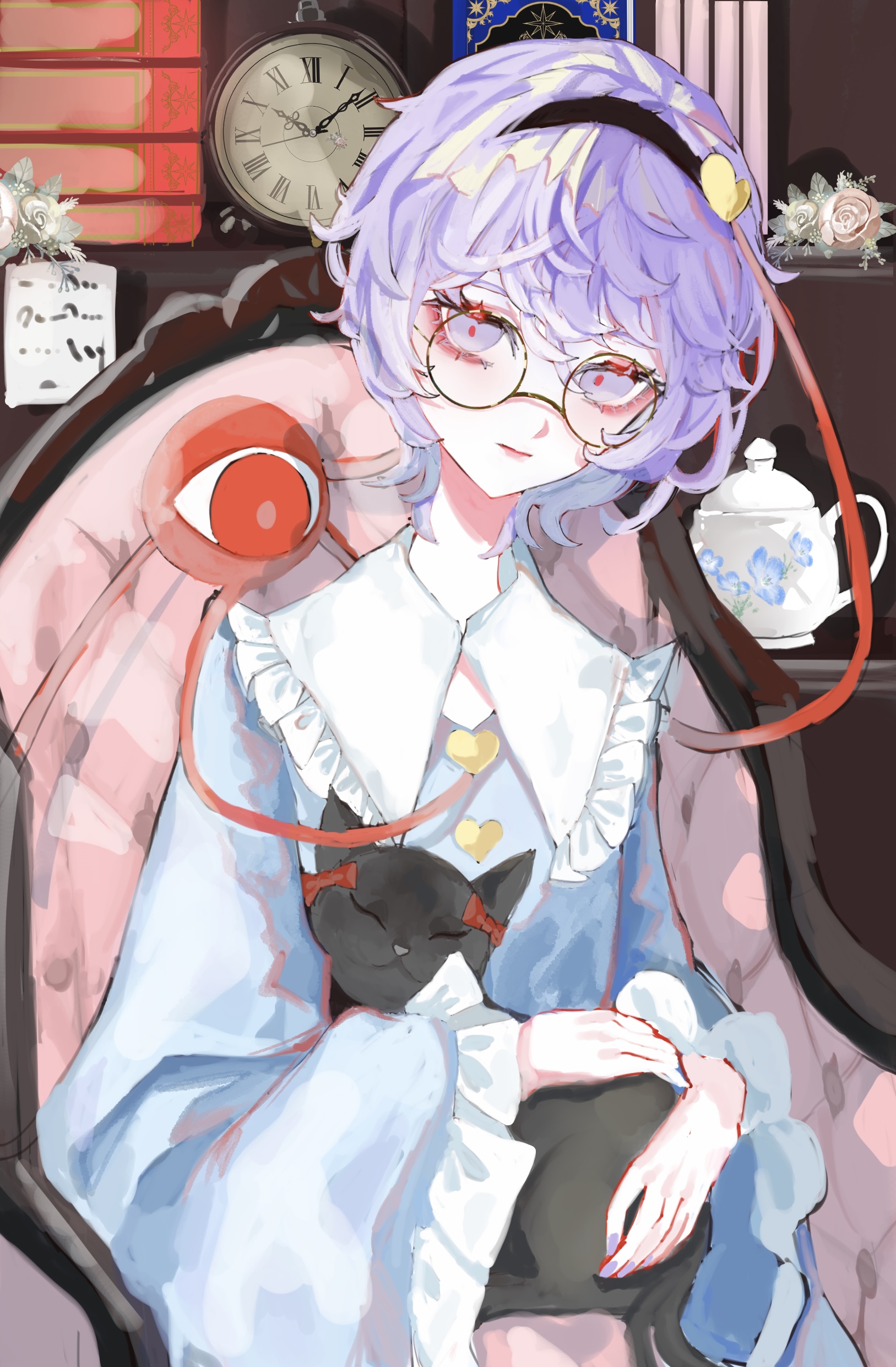 mashi (pixiv zcjd2538), kaenbyou rin, kaenbyou rin (cat), komeiji satori, touhou, absurdres, highres, animal, animal on lap, blue shirt, cat, cat on lap, chair, clock, expressionless, frills, glasses, hair ribbon, hairband, long sleeves, looking at viewer, multiple tails, nail polish, on chair, on lap, puffy sleeves, purple eyes, purple hair, purple nails, red pupils, ribbon, round eyewear, shirt, short hair, sitting, tail, teapot, third eye, two tails