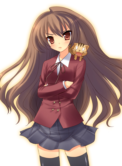 yukizuki chikuba, aisaka taiga, palmtop tiger, toradora!, 00s, 1girl, blazer, brown eyes, brown hair, cat, crossed arms, female focus, frown, jacket, long hair, school uniform, solo, thighhighs, very long hair, zettai ryouiki