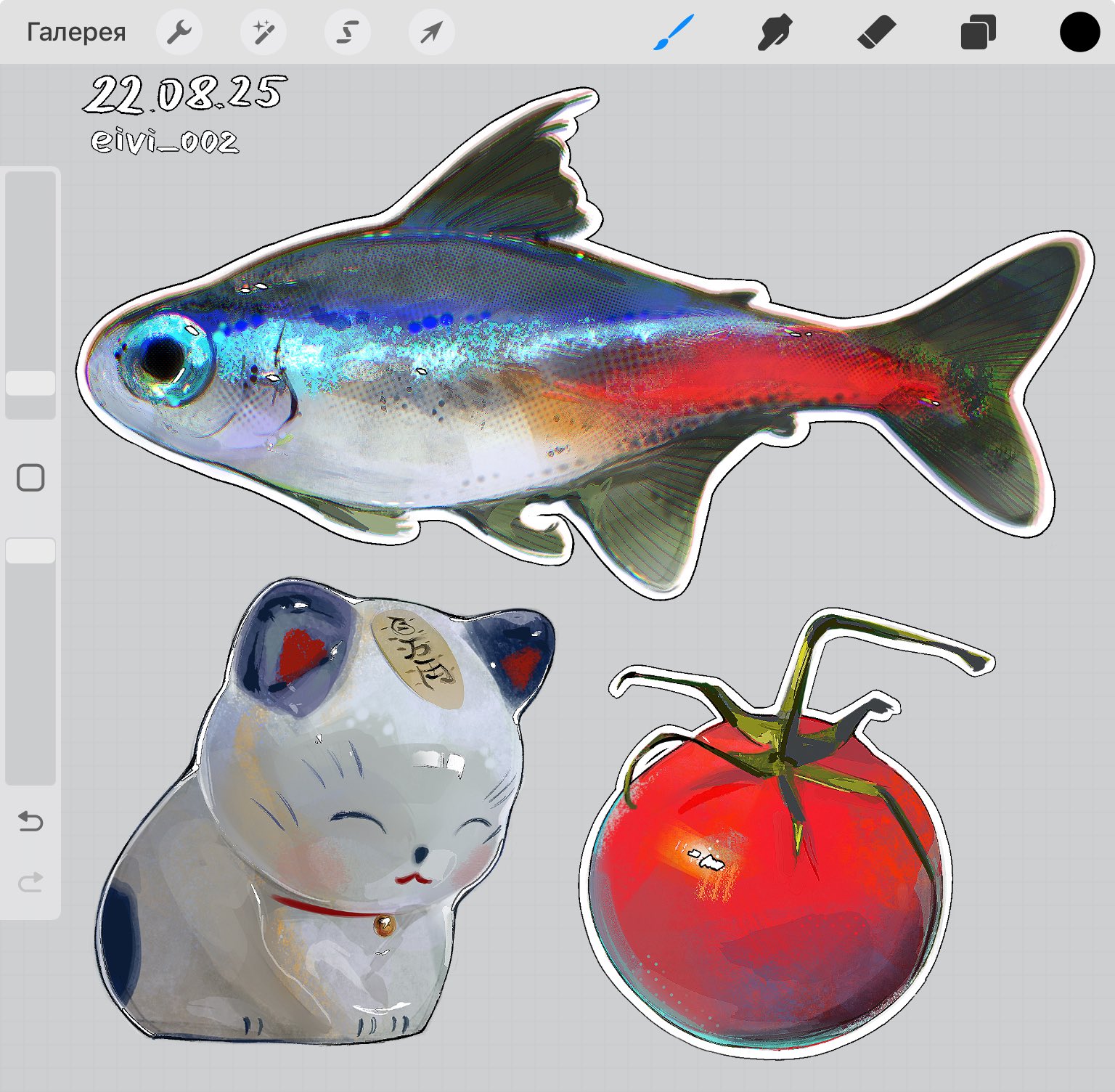 original, commentary, english commentary, highres, animal focus, art program in frame, dated, eivi 002, fish, food focus, grey background, grid background, no humans, object focus, outline, piggy bank, procreate (software), simple background, tomato, twitter username, user interface, white outline