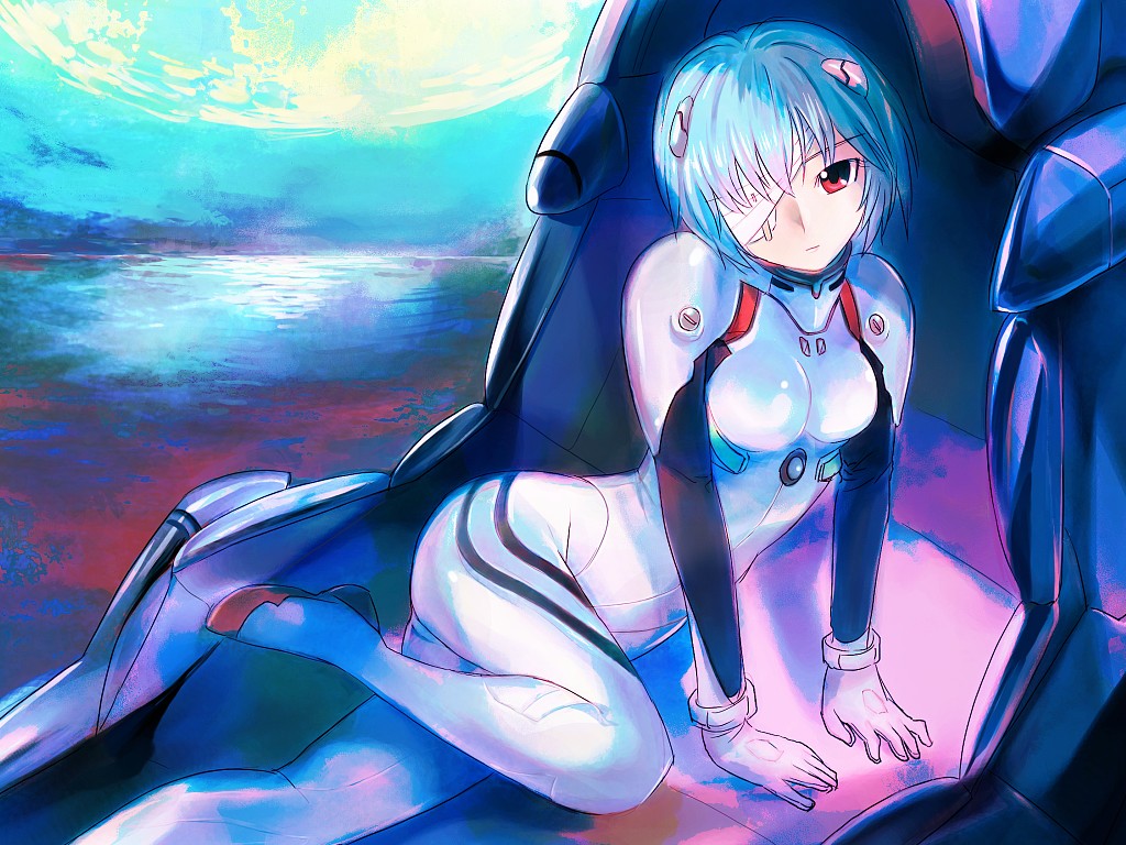 mekarauroko, ayanami rei, neon genesis evangelion, bandage over one eye, bandages, blue hair, cockpit, entry plug, eyepatch, mecha pilot suit, plugsuit (evangelion), red eyes, short hair, solo