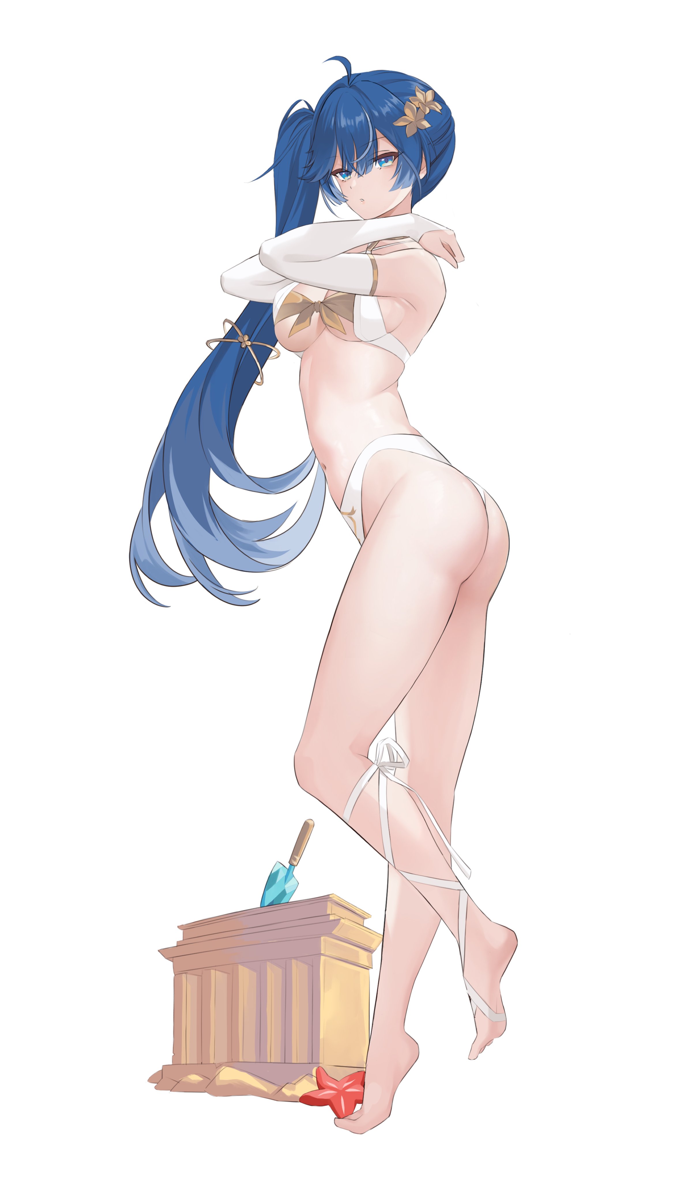 xsatoh, iuno (wuthering waves), wuthering waves, absurdres, commentary, english commentary, highres, 1girl, adapted costume, ahoge, alternate costume, ass, bare shoulders, barefoot, bikini, blue eyes, blue hair, breasts, bridal gauntlets, foot up, from side, gold bikini, gradient hair, hair between eyes, hair ornament, long hair, looking at viewer, medium breasts, multicolored hair, side ponytail, simple background, solo, streaked hair, swimsuit, thighs, trowel, underboob, white background, white bikini, white bridal gauntlets