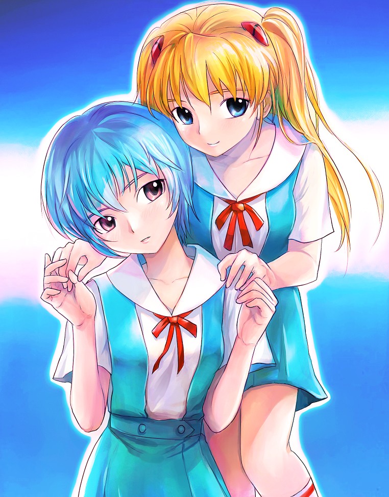 mekarauroko, ayanami rei, souryuu asuka langley, neon genesis evangelion, 2girls, blue eyes, blue hair, long hair, multiple girls, school uniform, serafuku, short hair