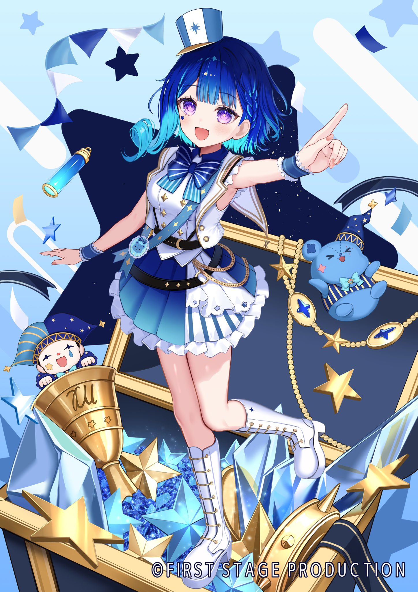 fuyoyo, first stage production, highres, 1girl, bell, blue bow, blue hair, blue skirt, boots, bow, braid, cropped jacket, drill hair, frilled skirt, frilled wrist cuffs, frills, hat, hoshikage tetra, index finger raised, jacket, mark under eye, medium hair, mini hat, open clothes, open jacket, open mouth, pleated skirt, purple eyes, shirt, single sidelock, skirt, sleeveless, sleeveless jacket, sleeveless shirt, solo, star (symbol), virtual youtuber, white boots, white jacket, white shirt, wrist cuffs