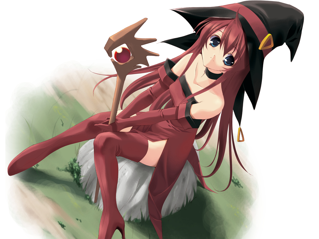 fumio (ura fmo), cierra (riviera), riviera, 1girl, bare shoulders, boots, choker, dutch angle, elbow gloves, female focus, gloves, hat, long hair, outdoors, red hair, red thighhighs, sitting, smile, solo, staff, thigh boots, thighhighs, v arms, witch, witch hat