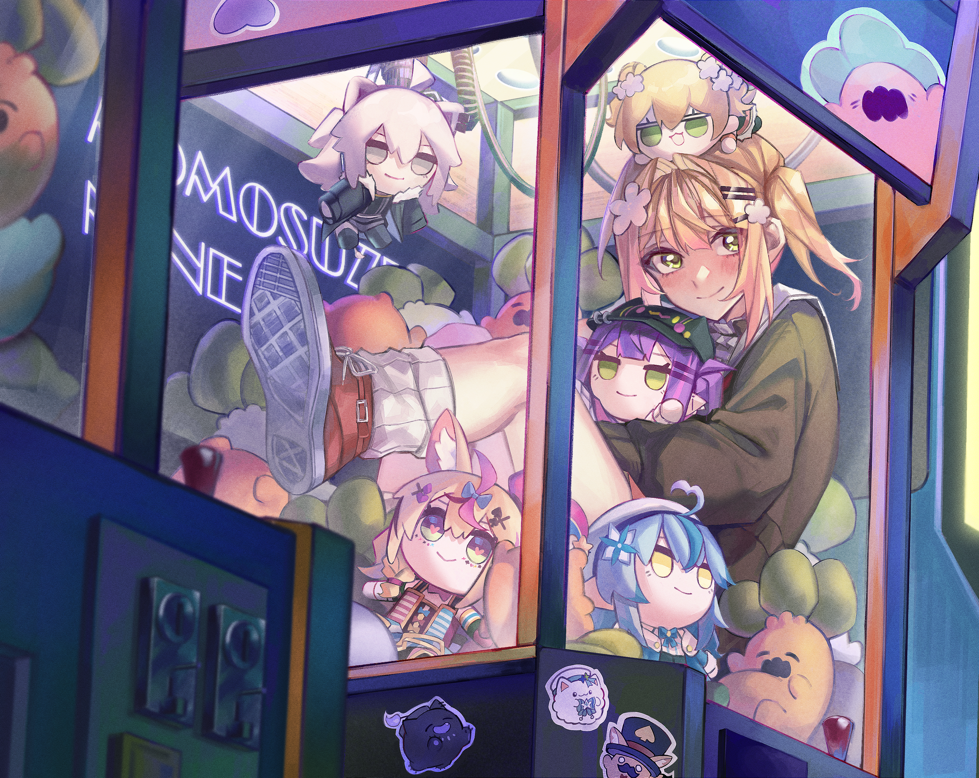 legzy, momosuzu nene, momosuzu nene (casual), nekko (momosuzu nene), omaru polka, shishiro botan, tokoyami towa, yukihana lamy, hololive, absurdres, highres, 1girl, blonde hair, blush, character doll, closed mouth, crane game, doll, flower, green eyes, green jacket, hair flower, hair ornament, hairclip, high tops, in crane game, jacket, looking to the side, loose socks, official alternate costume, red shoes, shoes, side ponytail, sneakers, socks, stuffed toy, virtual youtuber, white flower, white socks