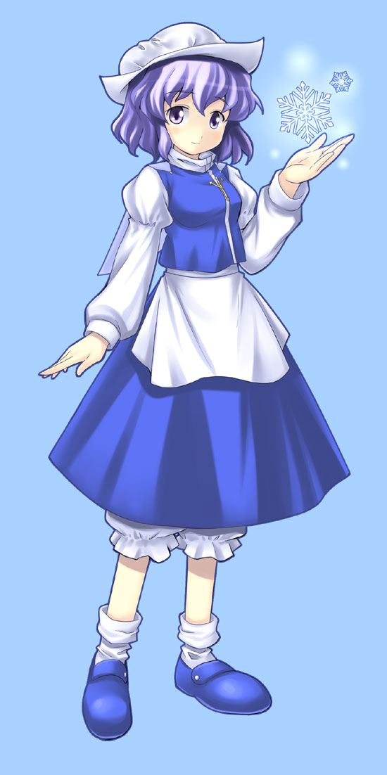 sakumo, sakumo (karatama), letty whiterock, touhou, 1girl, blue shoes, female focus, hat, purple hair, shoes, short hair, snowflakes, solo