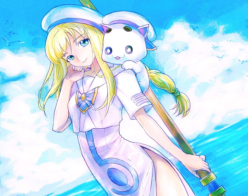 mekarauroko, alicia florence, aria pokoteng, aria (manga), 00s, 1girl, animal, blonde hair, blouse, blue eyes, bow, cat, female focus, hat, long hair, ribbon, shirt, smile, solo, water, white shirt
