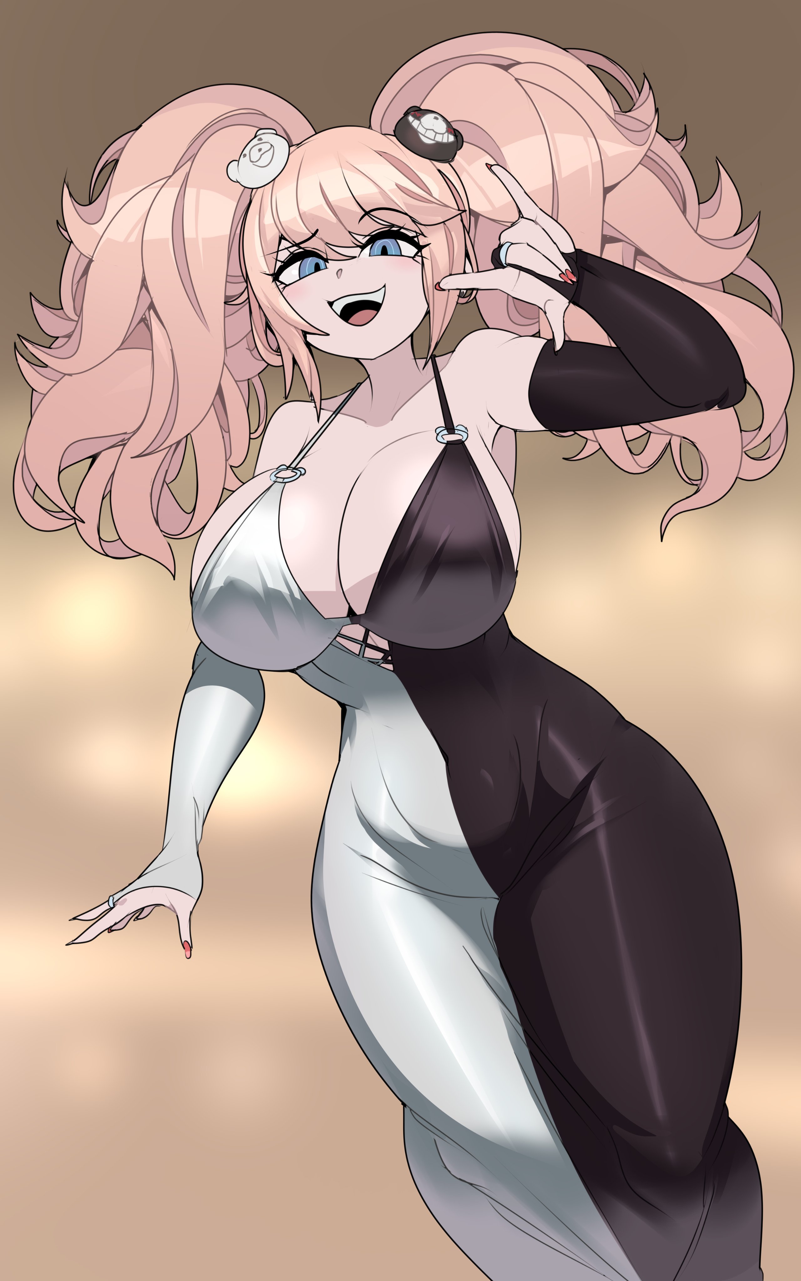 captain kirb, enoshima junko, danganronpa: trigger happy havoc, danganronpa (series), absurdres, highres, 1girl, m/, bare shoulders, bear hair ornament, big hair, black dress, blonde hair, blue eyes, breasts, cleavage, collarbone, dress, gloves, hair ornament, large breasts, long hair, looking at viewer, nail polish, open mouth, smile, solo, twintails, two-tone dress, white dress