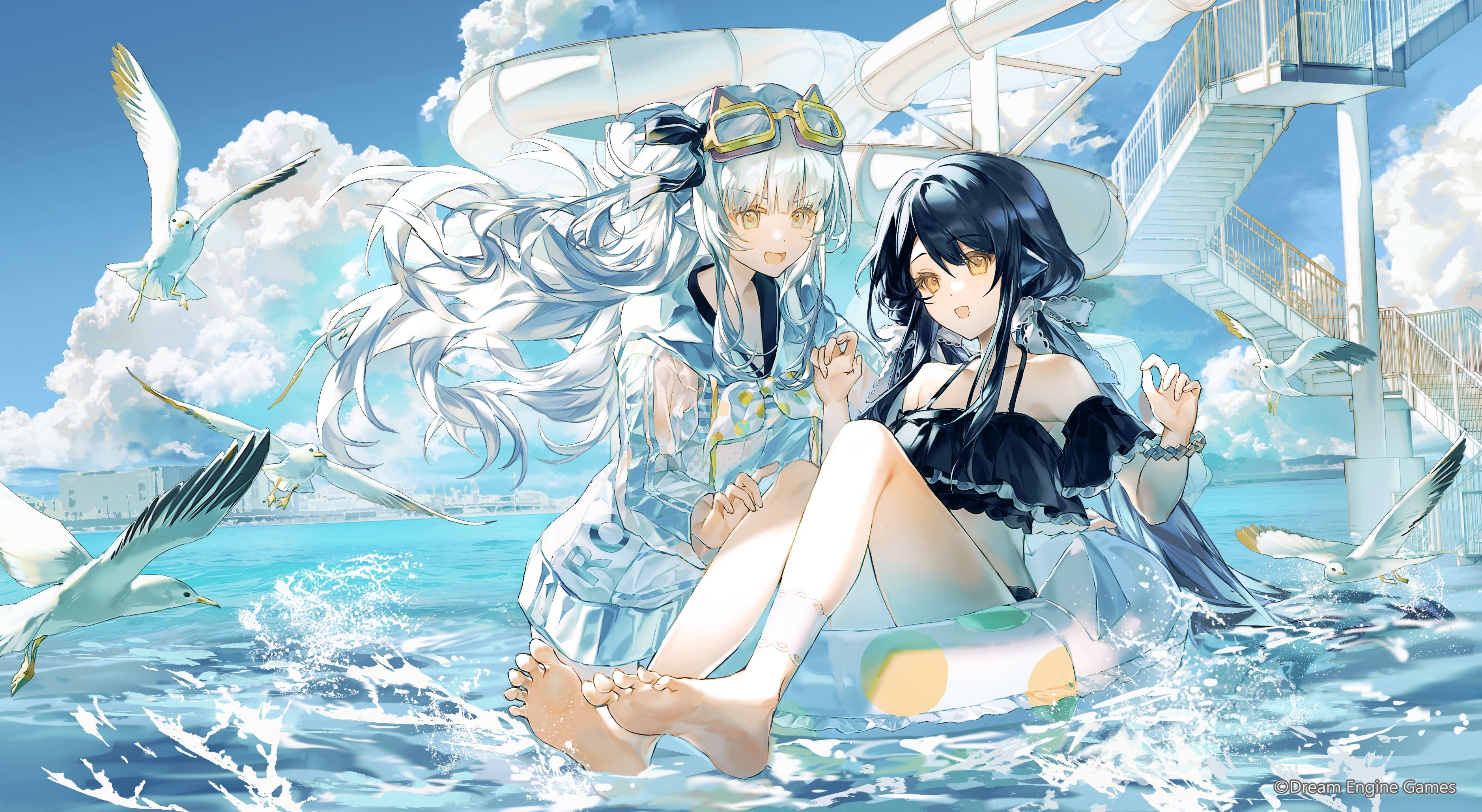 mechari, ilot (rotaeno), rotaeno, absurdres, highres, 2girls, animal, bare legs, bare shoulders, barefoot, bikini, bird, black bikini, black hair, blue sky, bow, bracelet, cloud, cloudy sky, floating hair, goggles, goggles on head, grey eyes, hair bow, halterneck, hoppe (rotaeno), jacket, jewelry, long hair, low twintails, multiple girls, open mouth, outdoors, partially submerged, seagull, see-through clothes, see-through jacket, sky, soles, stairs, striped bikini, striped clothes, swim ring, swimsuit, toes, twintails, very long hair, water, water slide, white bird, white bow, white hair, white jacket, yellow eyes