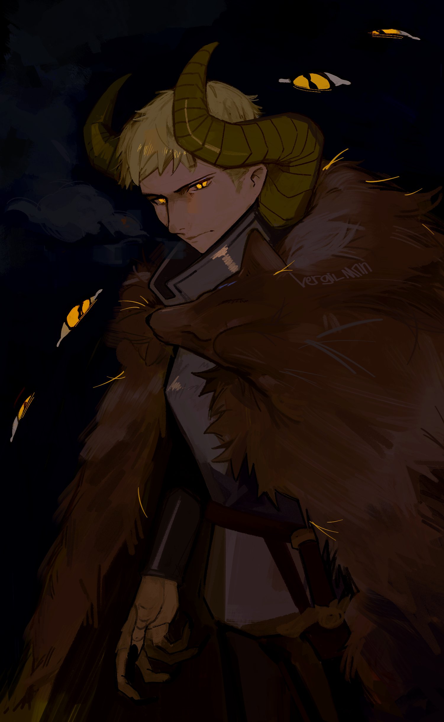 vergil mon, kensuke (dungeon meshi), laios touden (demon king), winged lion (dungeon meshi), dungeon meshi, absurdres, commentary, english commentary, highres, 1boy, armor, artist name, black nails, breastplate, brush stroke, claws, cloak, eyes in shadow, fake horns, fur cloak, gorget, horns, looking at viewer, pelt, plate armor, scabbard, serious, sheath, short hair, single vambrace, slit pupils, sword, vambraces, weapon, yellow eyes