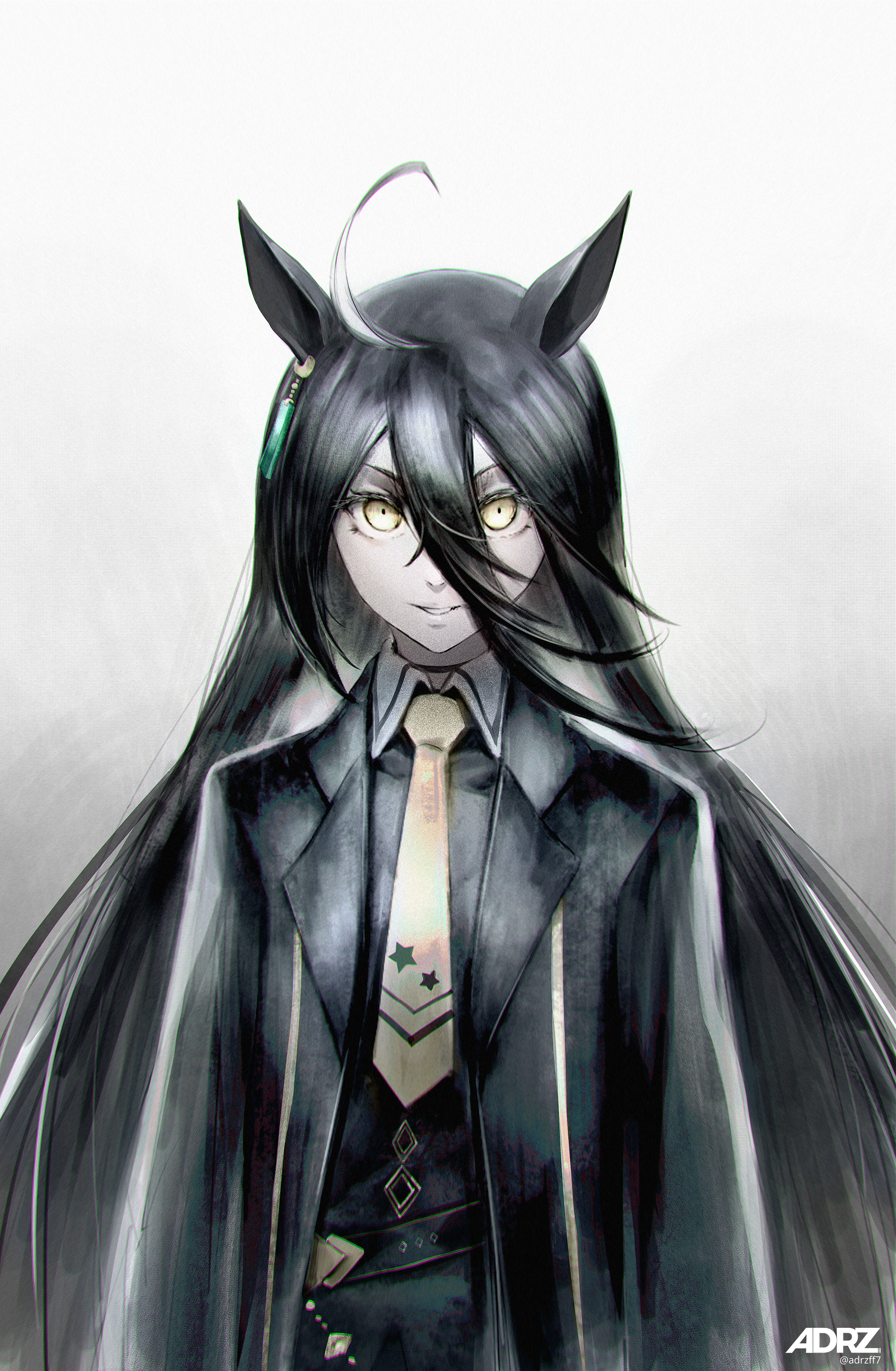 adrzff7, manhattan cafe (umamusume), umamusume, absurdres, highres, 1girl, animal ears, artist name, belt, black belt, black choker, black shirt, choker, collared shirt, contrast collar, ear ornament, ear tag, earrings, furrowed brow, gradient background, green eyes, grey background, hair between eyes, horse ears, horse girl, jewelry, long hair, long hair between eyes, multicolored hair, parted lips, shirt, single earring, solo, twitter username, very long hair, white background, white hair, yellow eyes