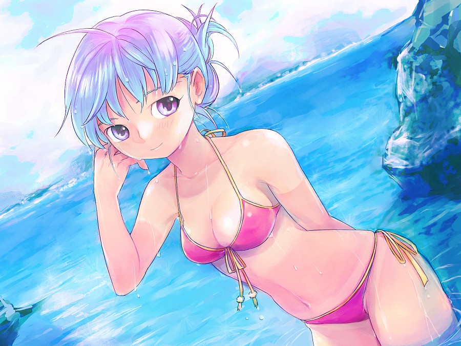mekarauroko, original, 1girl, bikini, blue hair, day, female focus, pink bikini, purple eyes, side-tie bikini bottom, solo, swimsuit, wet