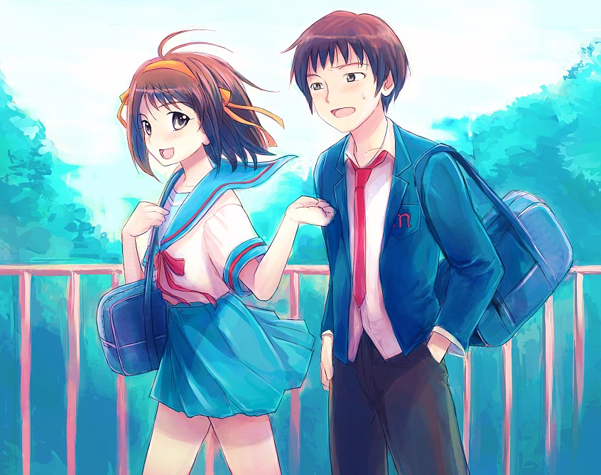 mekarauroko, kyon, suzumiya haruhi, suzumiya haruhi no yuuutsu, 00s, brown hair, multiple seasonal school uniforms, school uniform, serafuku, short hair