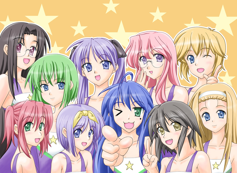 hiiragi kagami, hiiragi tsukasa, iwasaki minami, izumi konata, kobayakawa yutaka, kusakabe misao, minegishi ayano, patricia martin, takara miyuki, tamura hiyori, lucky star, tagme, 00s, 6+girls, bare shoulders, black theme, blonde hair, blue eyes, blue hair, cheerleader, everyone, glasses, green eyes, green hair, hair ribbon, hairband, long hair, looking at viewer, mole, mole under eye, multiple girls, open mouth, pink hair, purple eyes, purple hair, ribbon, short hair, siblings, sisters, star (symbol), tongue, twins, twintails, upper body